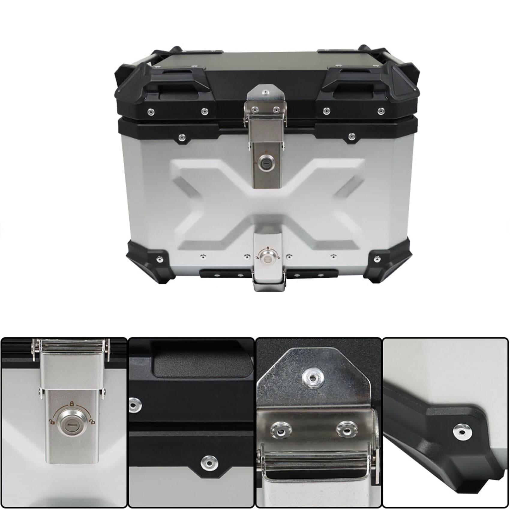 45L Motorcycle Top Case - Hard Aluminum Alloy Waterproof Trunk with Security Lock & Mounting Plate | Silver Metal Touring Tail Box for Secure Storage & Long Rides