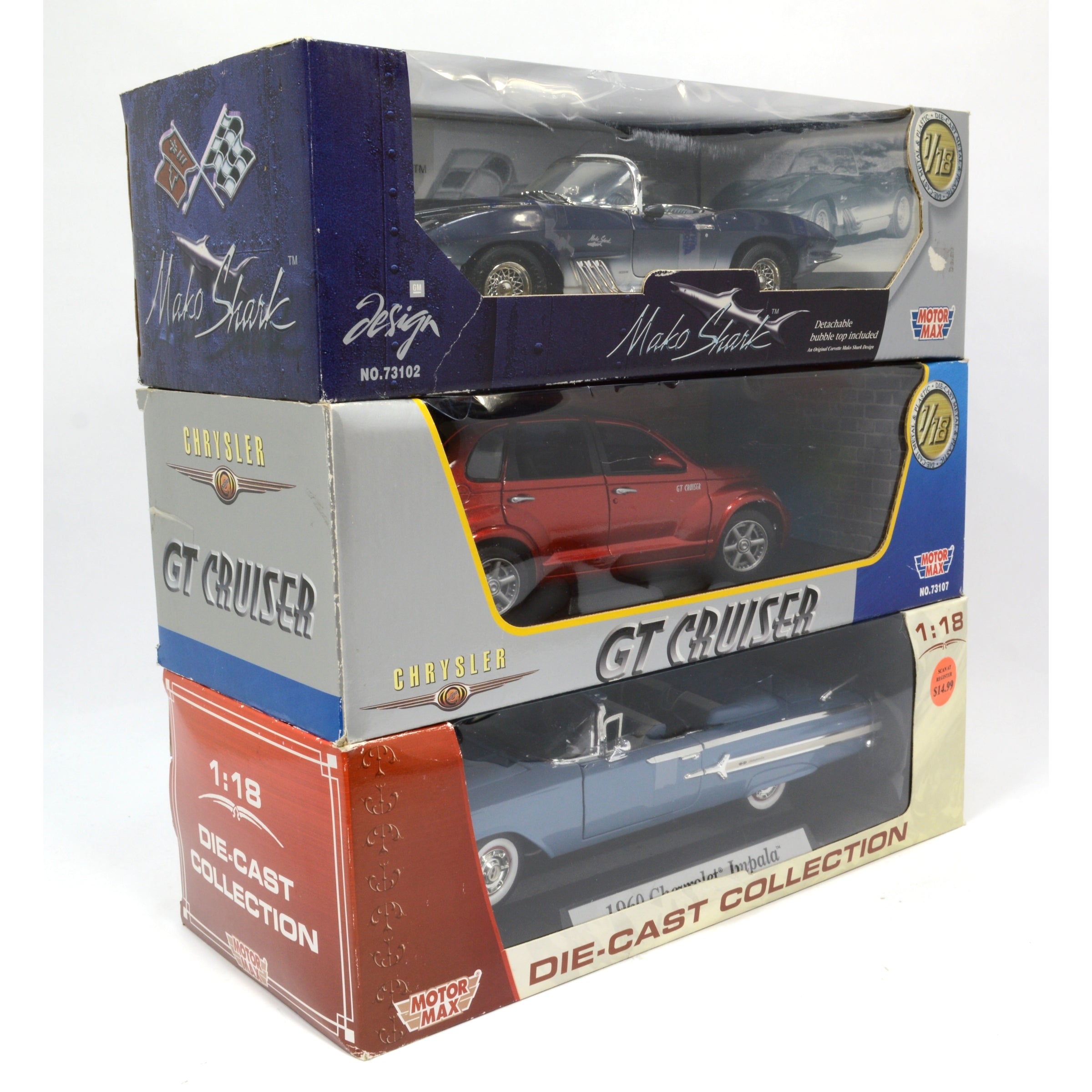 3-Pack MOTOR MAX Diecast Cars 1:18 Scale - '61 Mako Shark & '60 Impala GT Cruiser - Collectible Model Cars for Display & Racing Enthusiasts