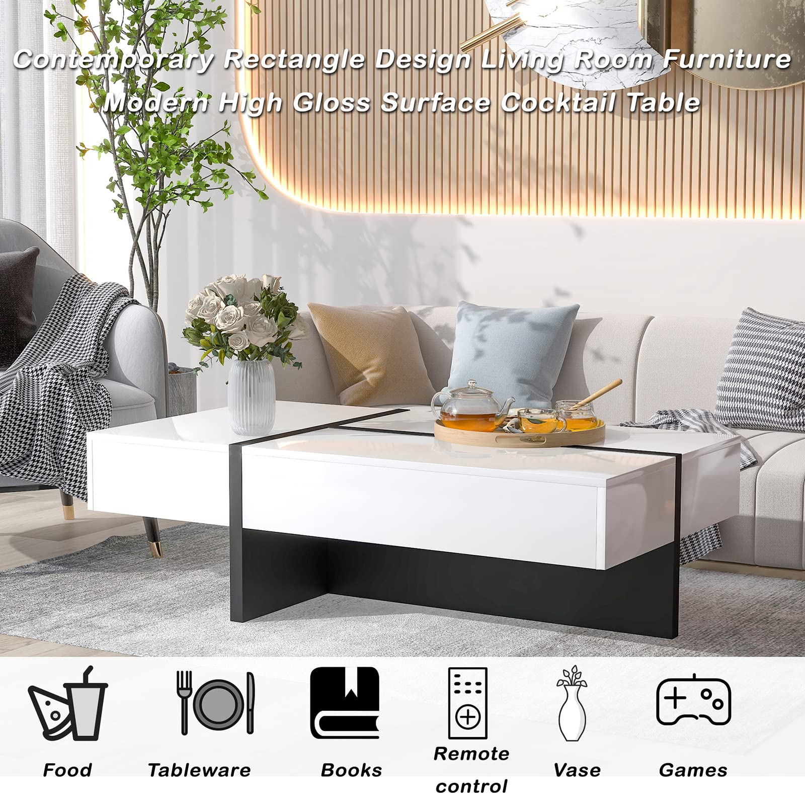 Modern Rectangle Coffee Table with Unique Design - High Gloss Cocktail Table for Living Room - 45.2 x 25.5 x 13.7 Inches Center Table for Sofa or Lounge Chairs - Easy Assembly - Perfect for Small Spaces, Apartments & Contemporary Home Decor