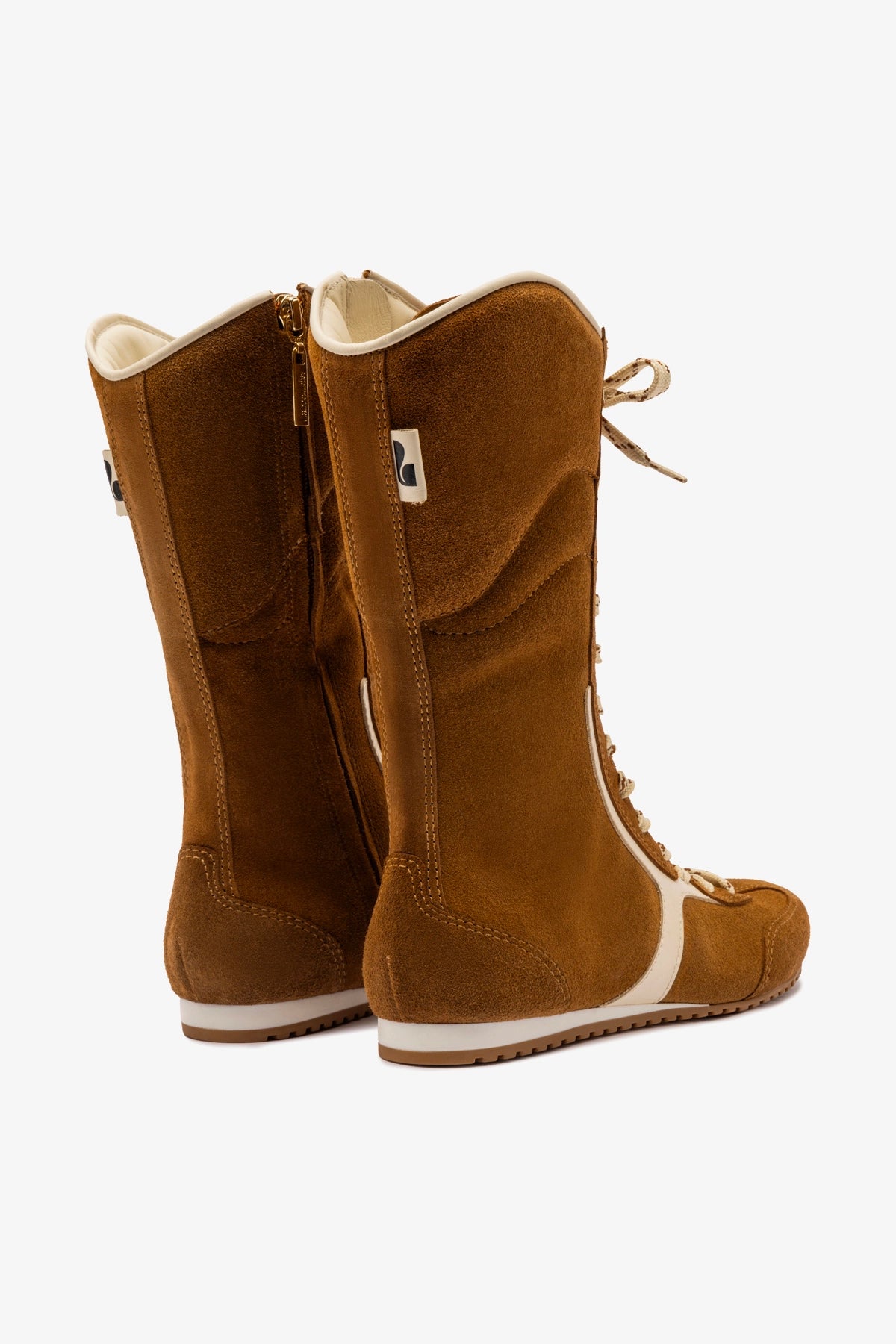 Larroudé x Jonathan Cohen Flat Lo Sneaker Boot in Russet Suede and Ivory Leather - Stylish Women's Casual Shoes for Everyday Wear, Work & Outfits