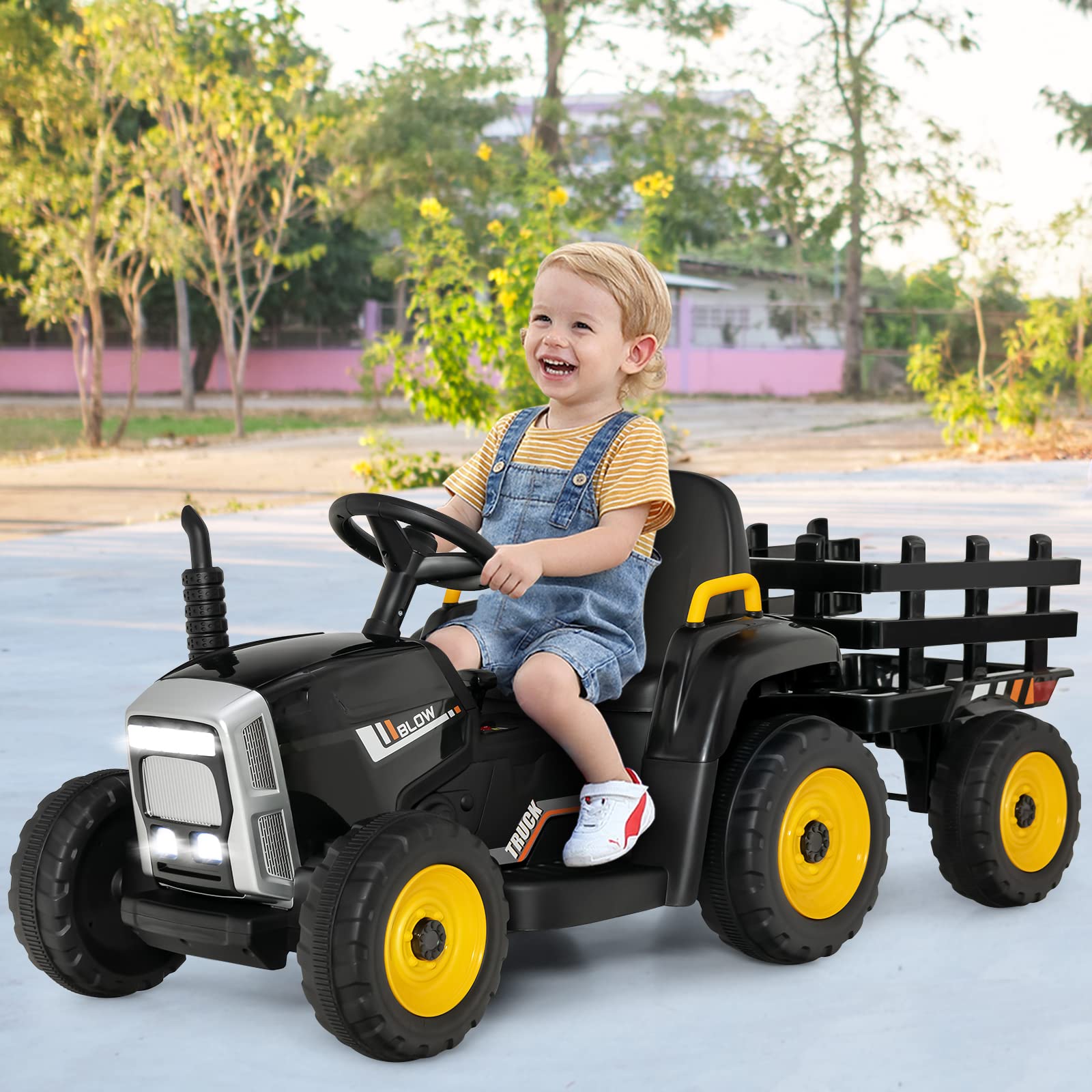 **HONEY JOY 12V Kids Electric Ride-On Tractor with Trailer - 3-Speed Gear Shift, LED Lights, Horn & Music - Battery-Powered Remote Control Toy Car for Boys & Girls (Black) - Perfect for Outdoor Play & Farm-Themed Adventures**