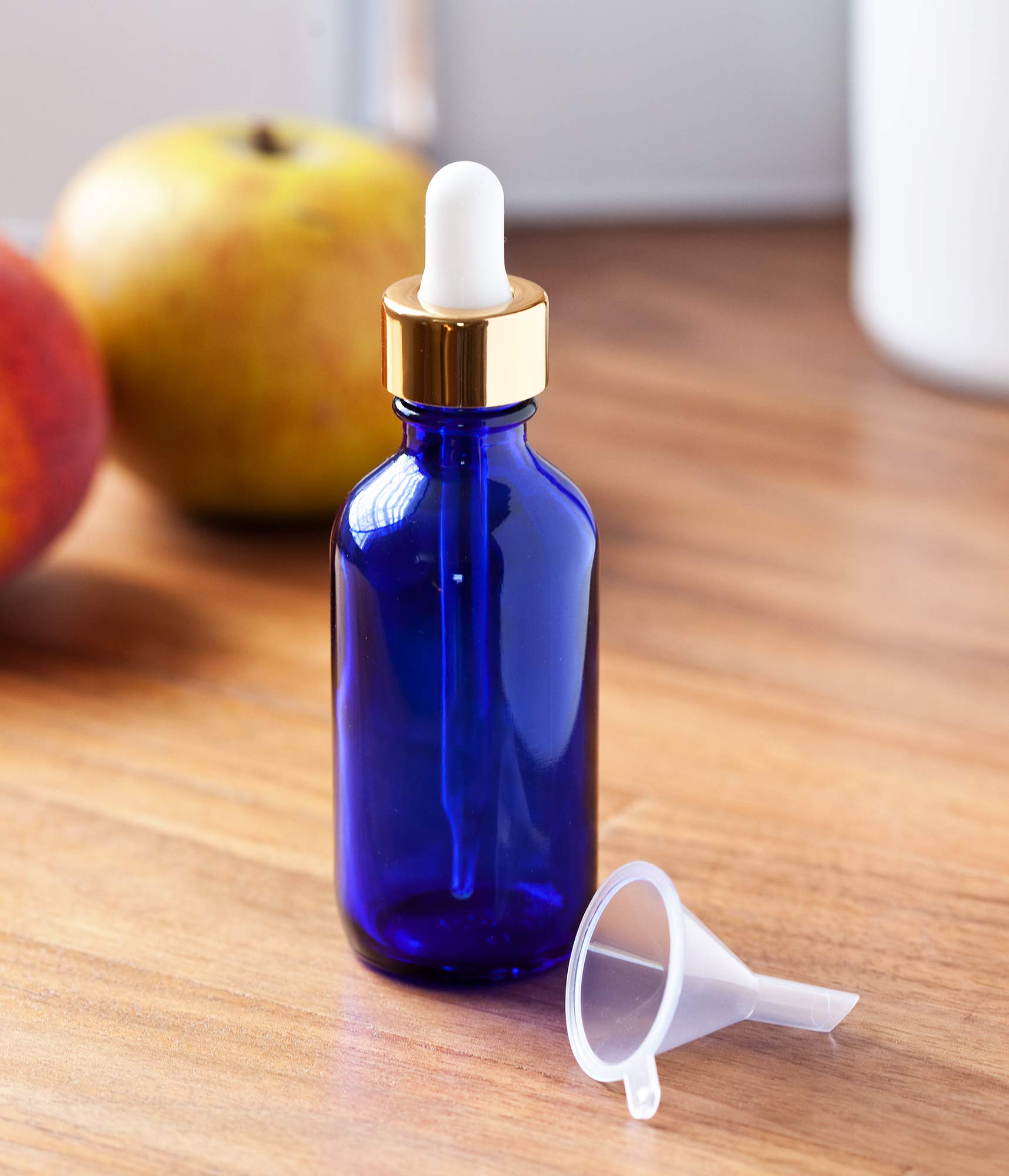 JUVITUS 12 Pack 2 oz Cobalt Blue Glass Bottles with Gold Metal Dropper & Funnel - Essential Oil Dropper Bottles, Boston Round Glass Containers for DIY Perfume, Aromatherapy, and Skincare Products