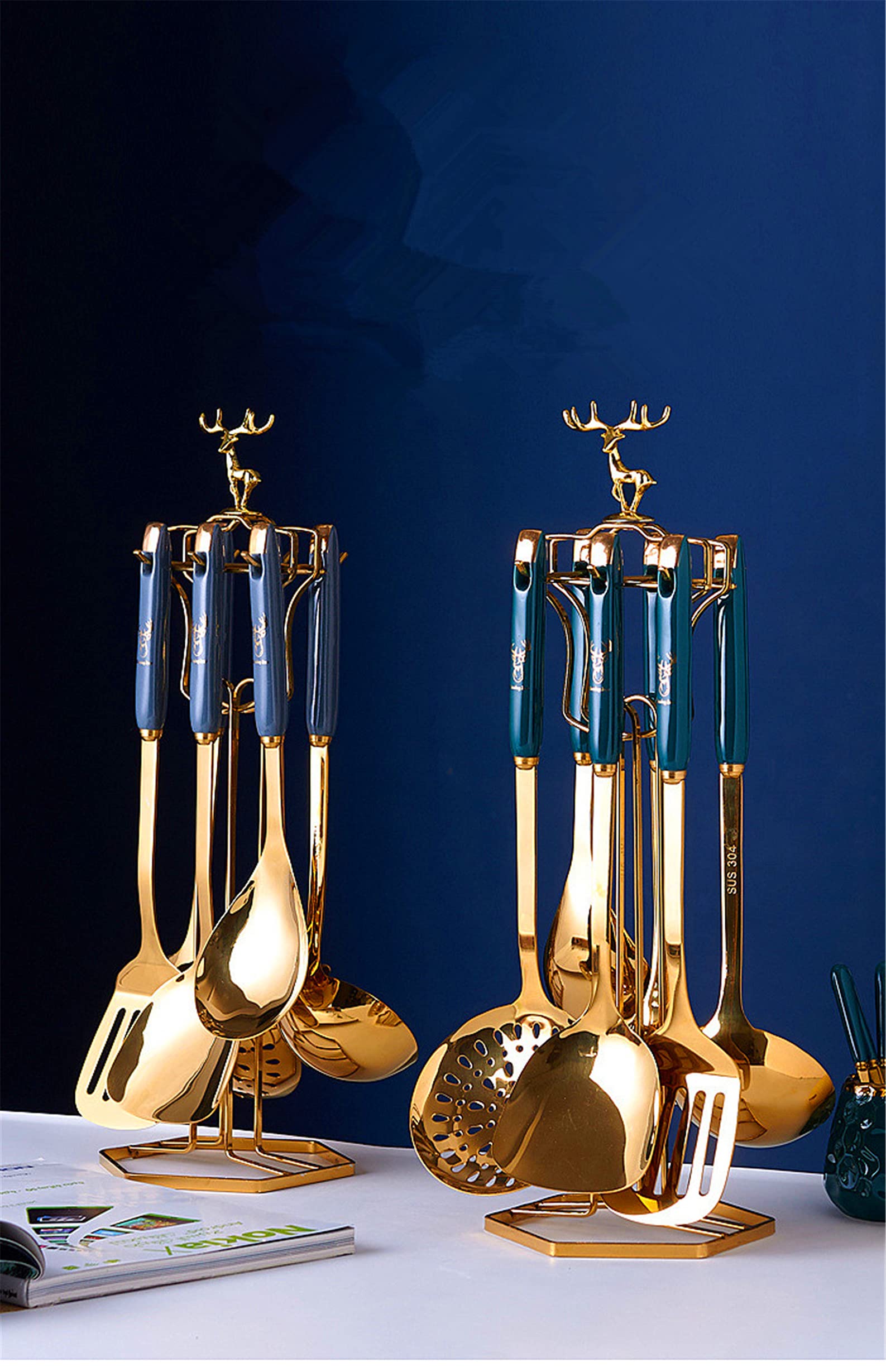 Nordic Style Kitchen Utensil Set with Holder - 6-Piece Cookware Includes Soup Ladle, Spatula, Slotted Turner, Skimmer Spoon & Rice Paddle - Deer Antler Design for Cooking, Stir-Frying & Serving - Perfect for Modern Kitchens & Dinner Parties