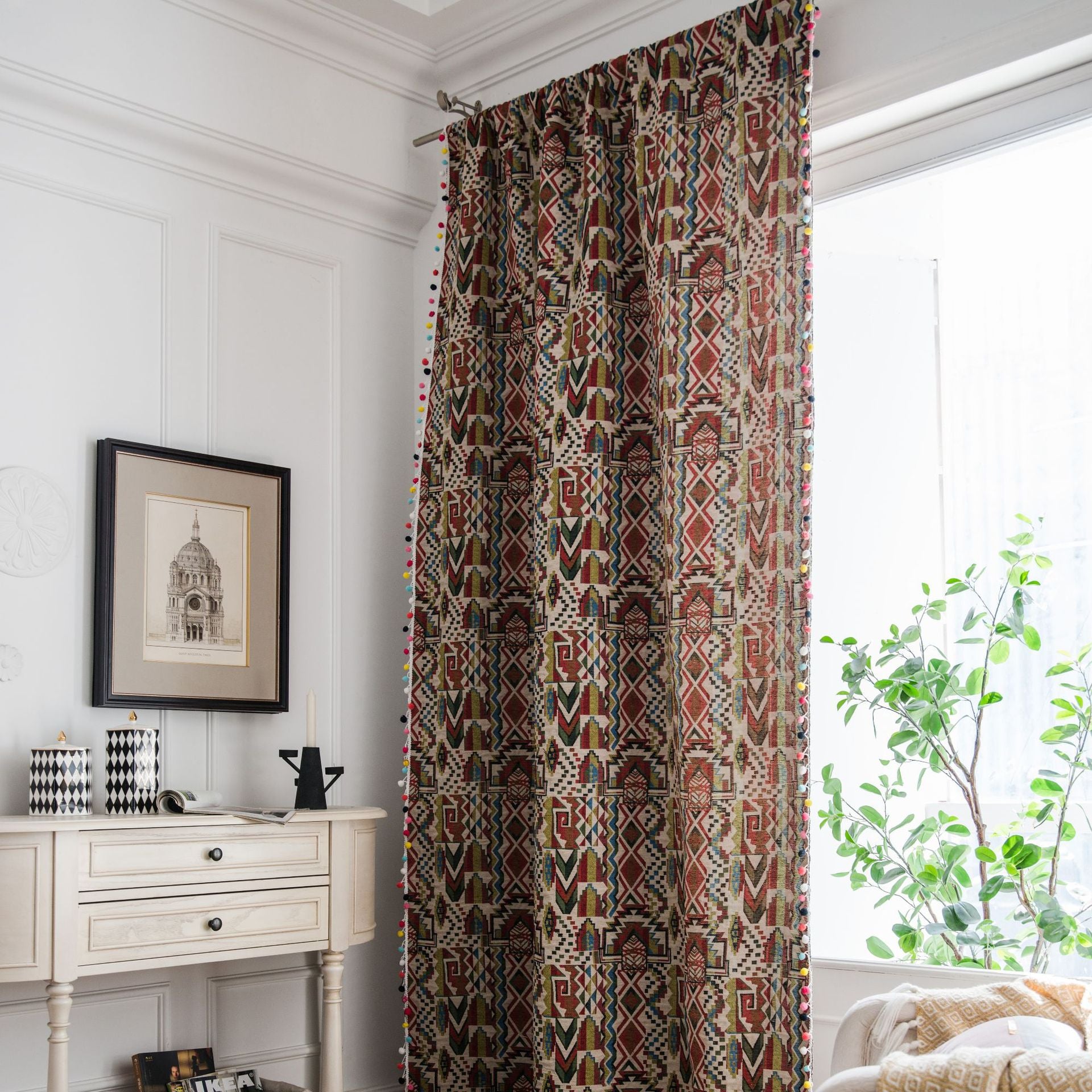 Thalia Red Bohemian Grommet Light Filtering Custom Curtains - Stylish Window Treatment for Living Room, Bedroom & Boho Home Decor