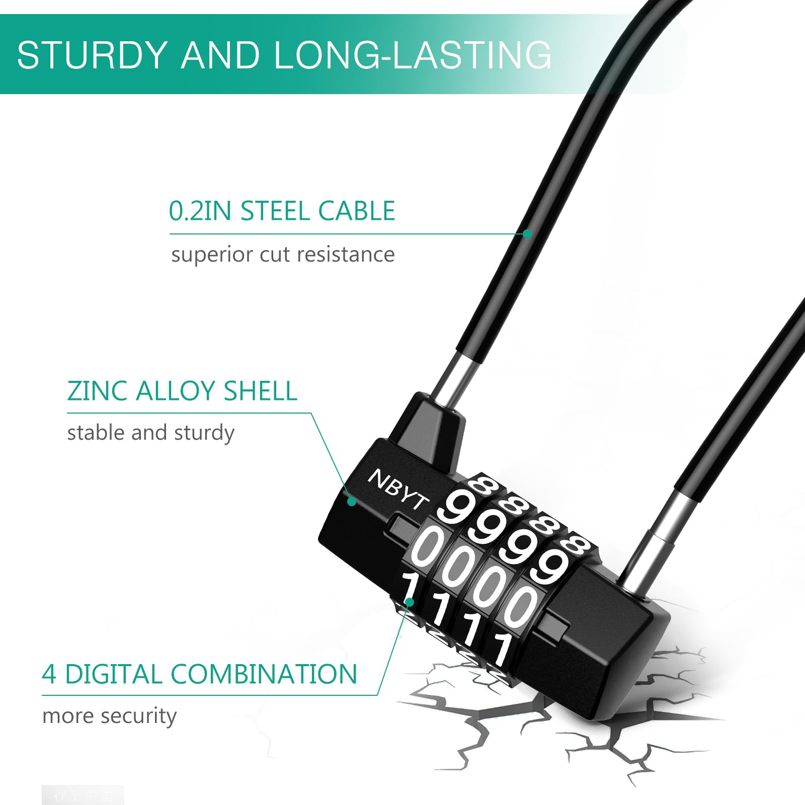 ORIA 4 Digit Combination Lock with Steel Cable - Long Shackle Padlock, Resettable & Durable Handheld Lock for Gym Locker, Cabinet, Travel Bag, Luggage, School, Toolbox - Secure Your Valuables at Home, Gym & On The Go