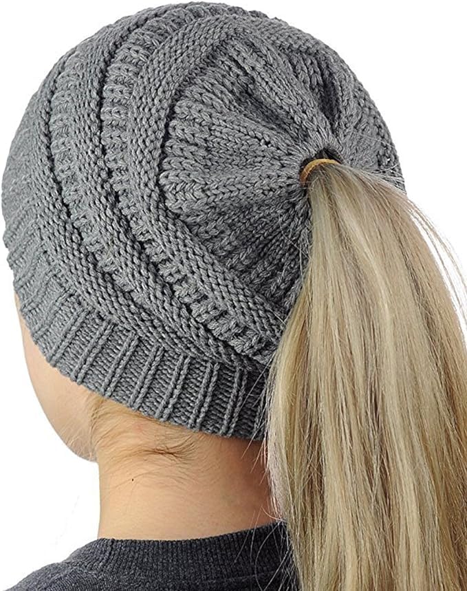Soft Stretch Cable Knit Beanie Hat for Women & Girls - Warm Winter Ponytail Cap with Messy High Bun Hole - Cozy & Stylish for Outdoor Activities, Snow Days & Casual Wear