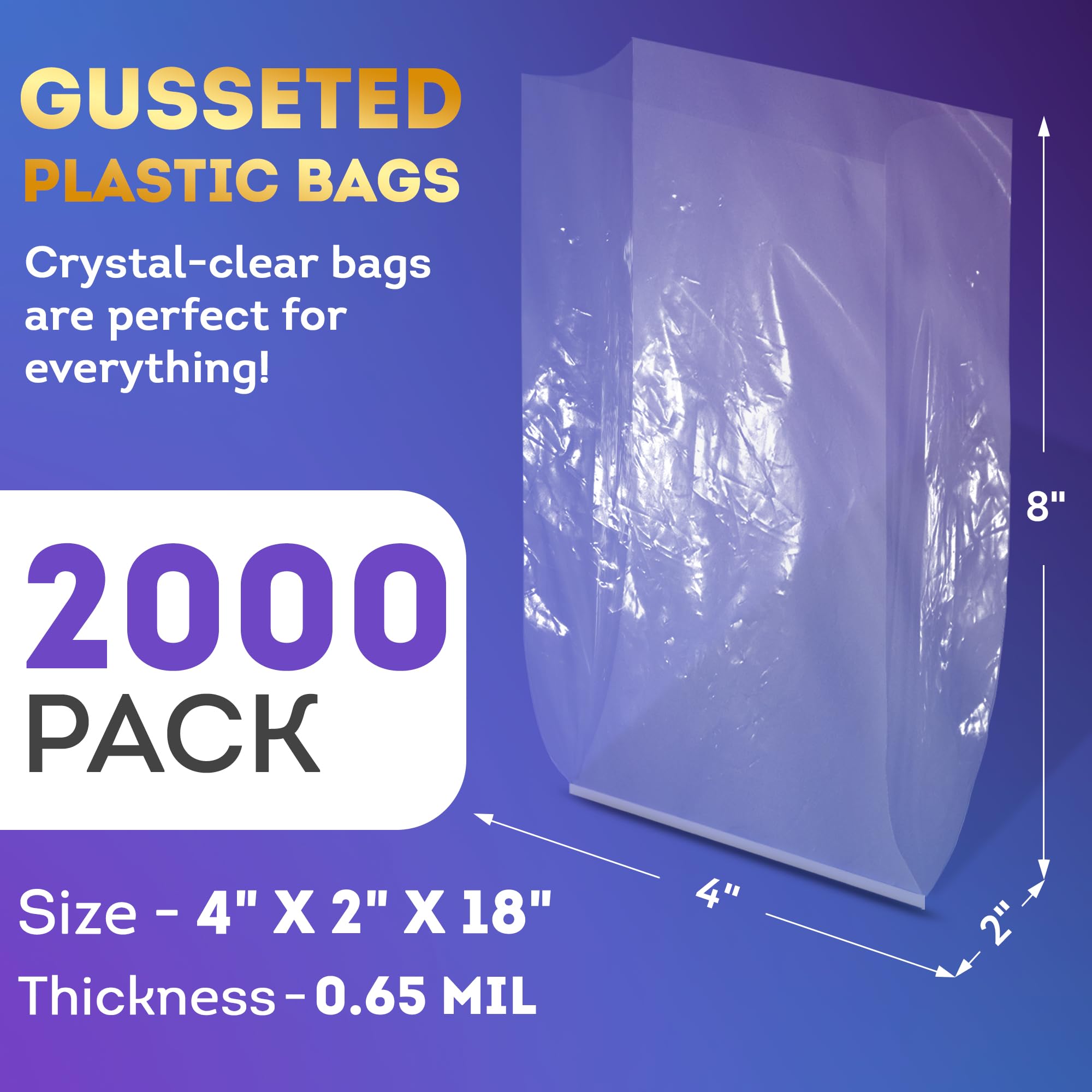 APQ Clear Plastic Bread Bags for Homemade Bread - 8x2x8 Inch 2000 Pack - 0.65 Mil Polyethylene Gusseted Storage Bags with Open Top - Water-Resistant & Durable - Perfect for Bakery, Sandwich Storage & Freezer Use
