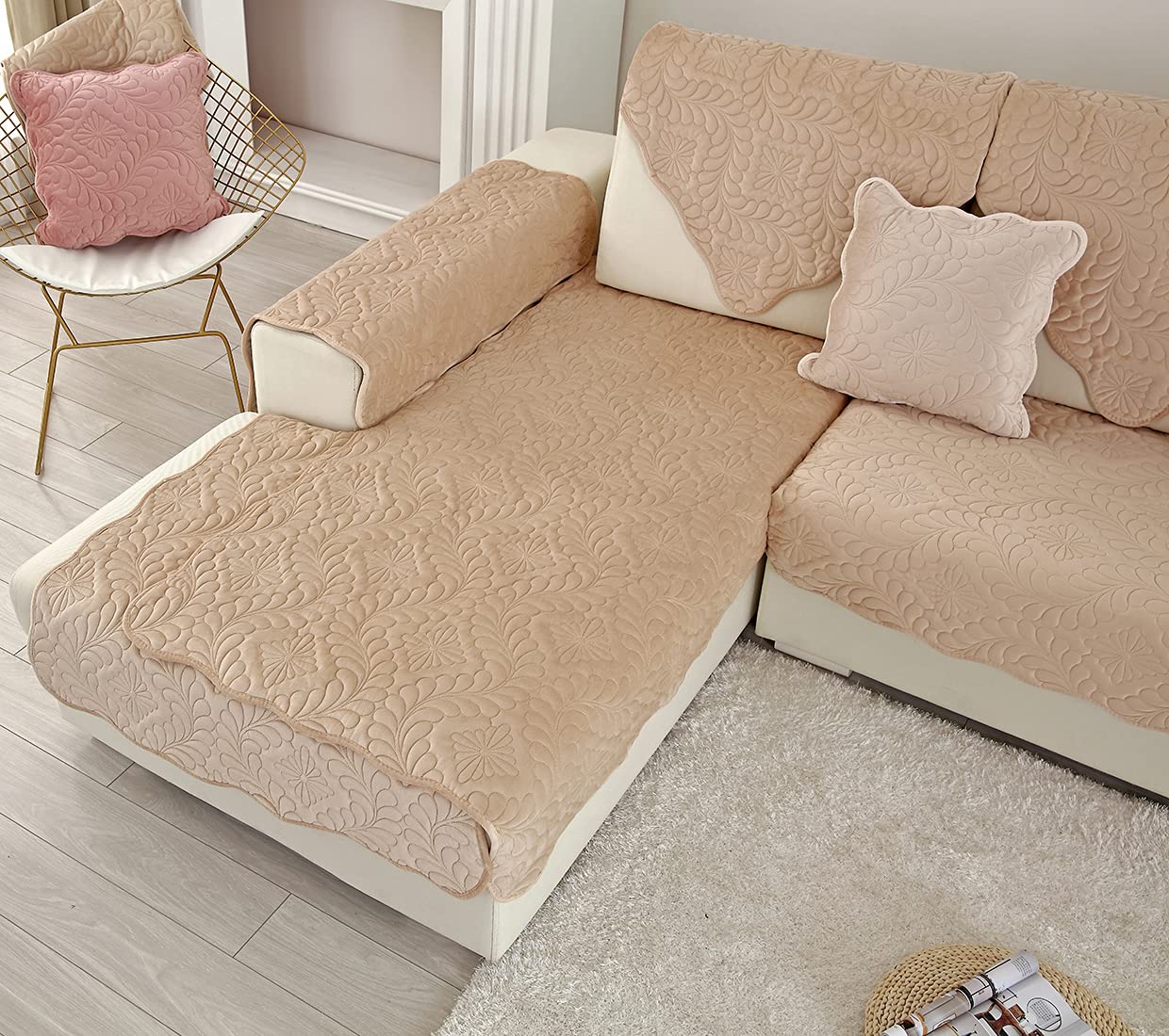Velvet Quilted Sofa Cover - Soft Non-Slip Sectional Couch Slipcover for Pets, Fits L-Shaped & Recliner Couches (43