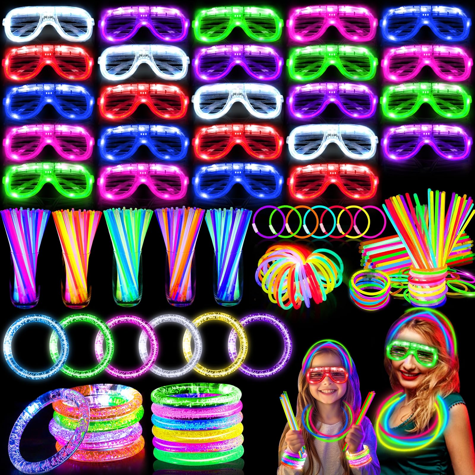 TURNMEON 148-Piece Glow in the Dark Party Kit - 24 LED Glasses, 24 Flashing Bracelets & 100 Glow Sticks Bulk - Perfect for Kids & Adults Birthday, Wedding, Carnival & Concert Night Events