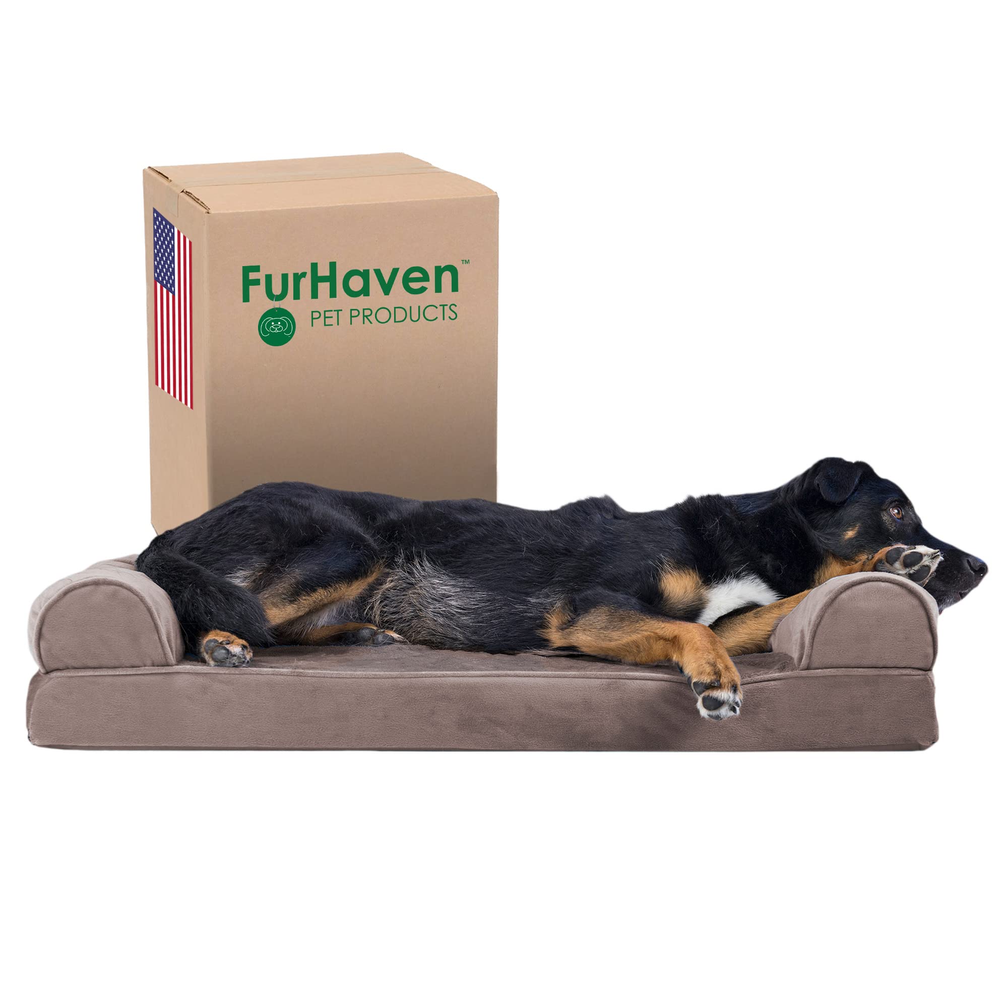 Furhaven Orthopedic Memory Foam Dog Bed for Large & Medium Dogs - Removable Bolsters & Machine Washable Cover - Supports Up to 55 lbs - Plush Faux Fur & Velvet Sofa Design - Driftwood Brown (Large) - Perfect for Living Room, Bedroom & Pet-Friendly Spaces