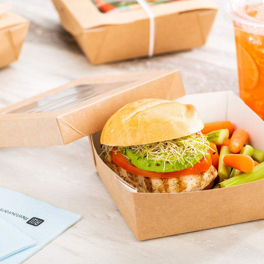 Restaurantware Cafe Vision 27oz Clear Window Dessert Boxes - 200 Pack Greaseproof Kraft Paper Baking Containers with Detachable Lid for Strawberry Cakes, Cupcakes, Pastries & Snacks - Perfect for Bakeries, Cafes & Gift Packaging