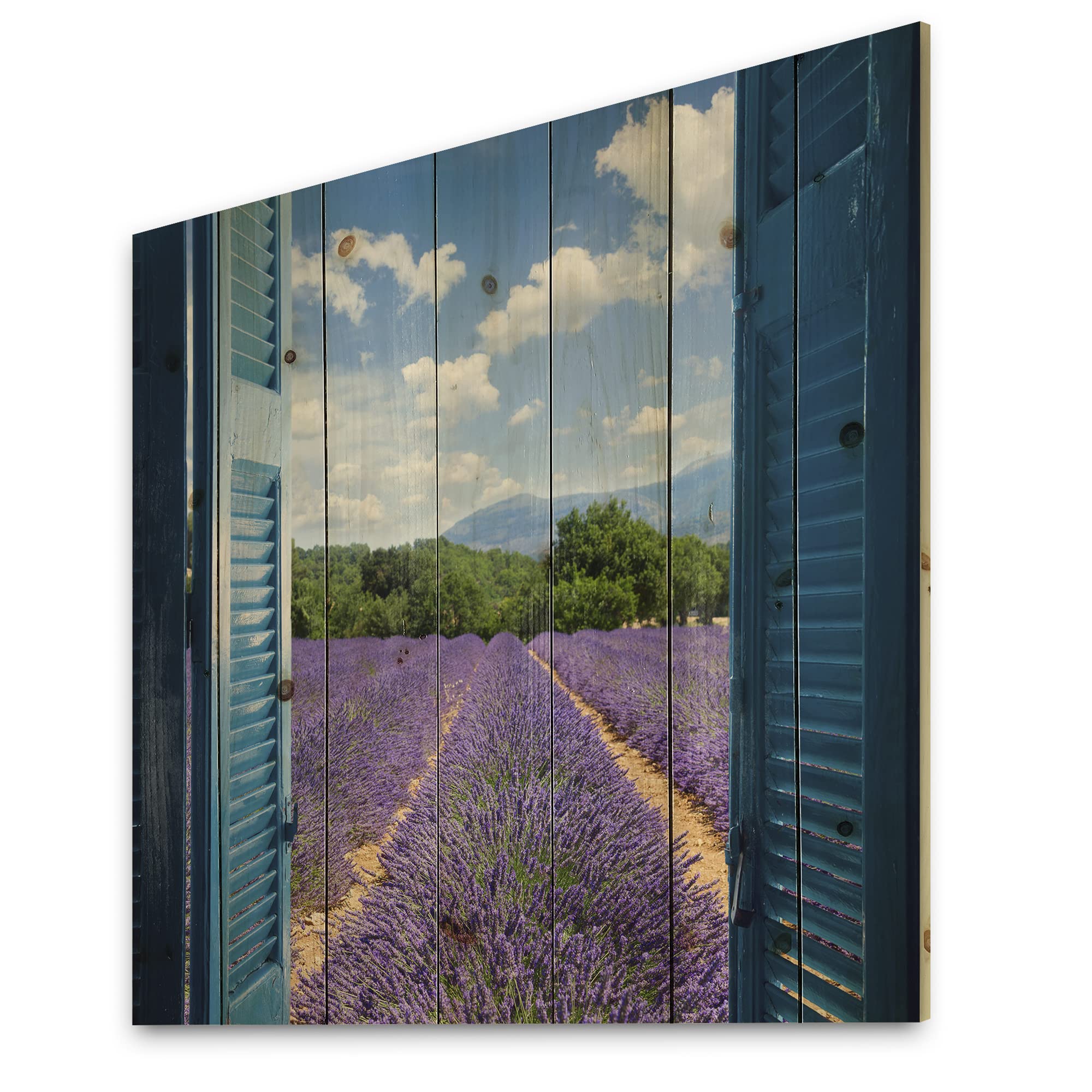 DesignQ Lavender Field Blue Cottage Window Farmhouse Wood Wall Art - Purple Landscape Wall Decor, Large Pine Wood Panel Painting for Living Room, Bedroom & Office Decor