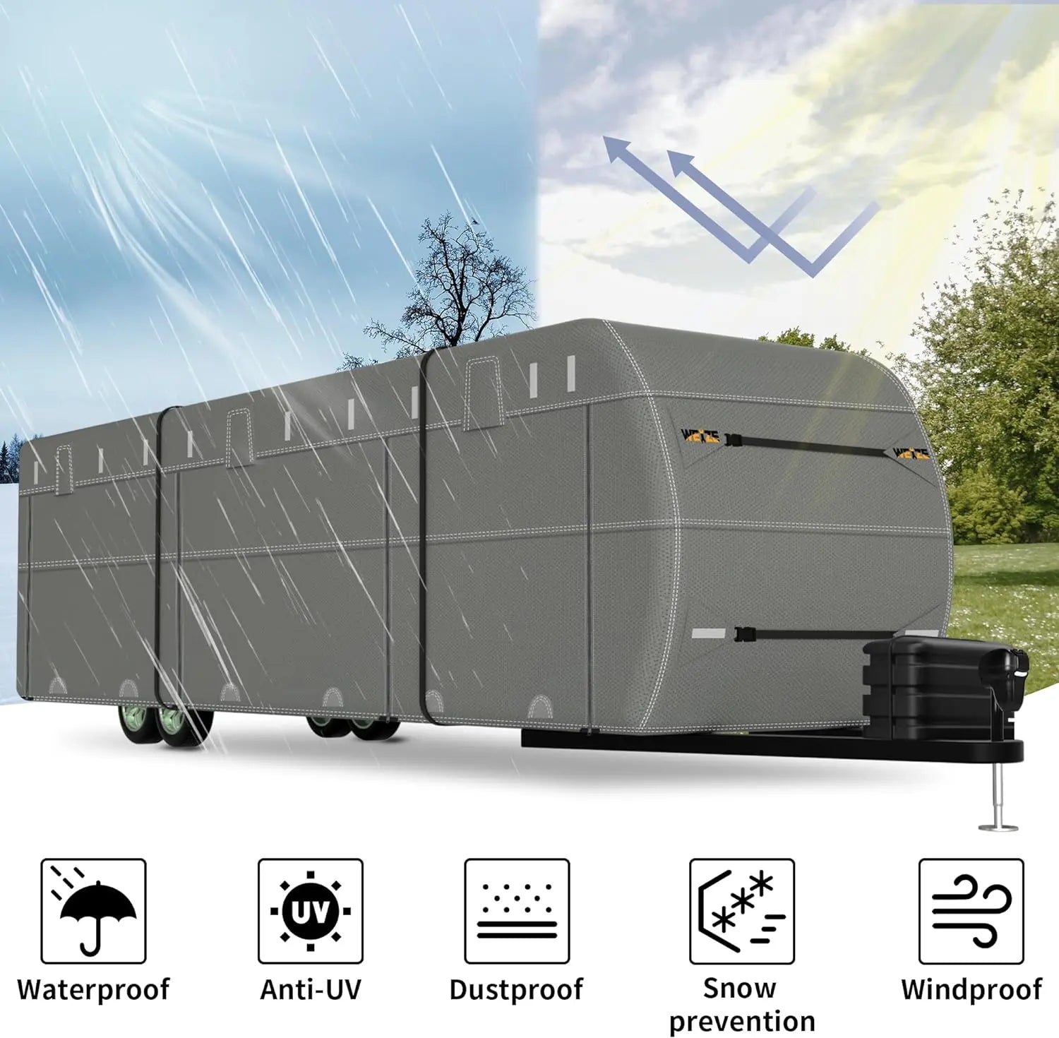 **Waterproof RV Cover for 34-37ft Travel Trailers - UV Resistant, Windproof Camper Cover with Extra Straps & Gutter Protection - Ideal for Outdoor Storage & Winter Protection**