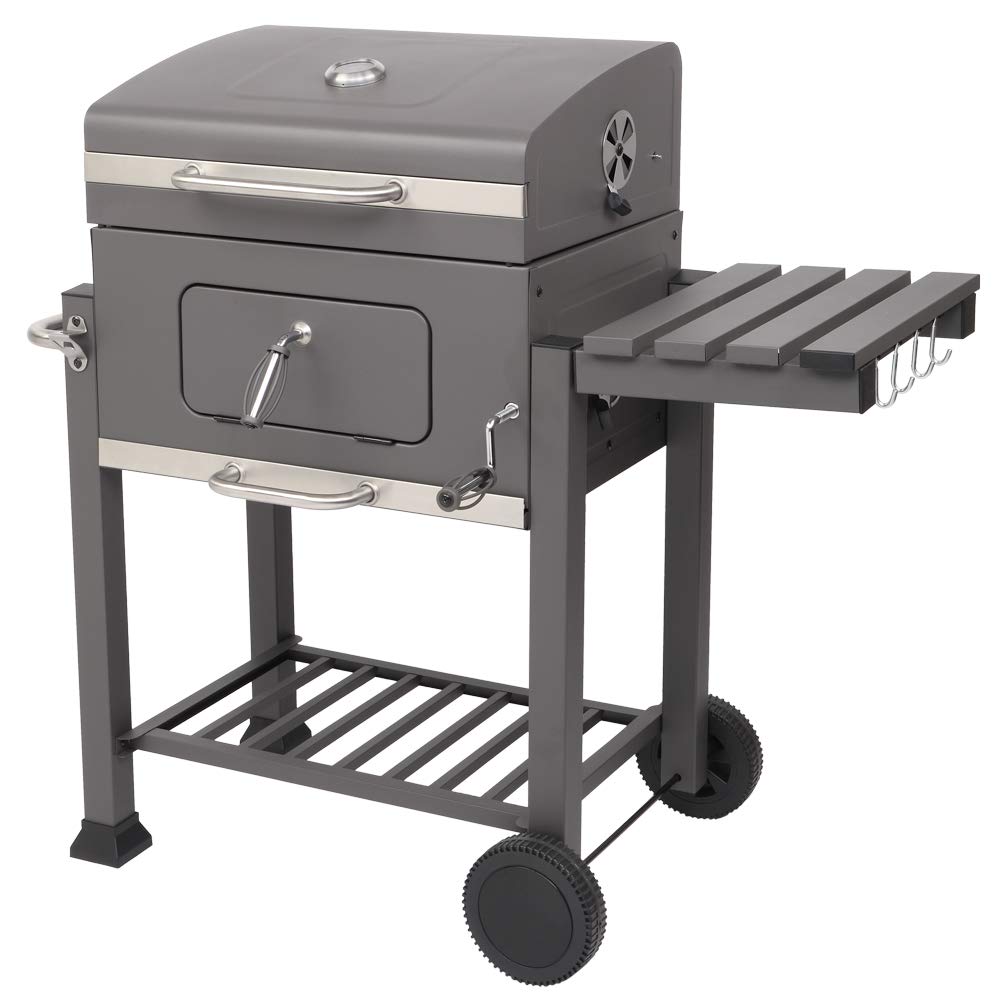 Premium Square Charcoal Grill & Offset Smoker with Plastic Wheels - Heavy Duty Backyard BBQ Grill for Outdoor Cooking, Camping, Picnics & Travel - Perfect for Patio Parties, Tailgating & Family Gatherings (Black)