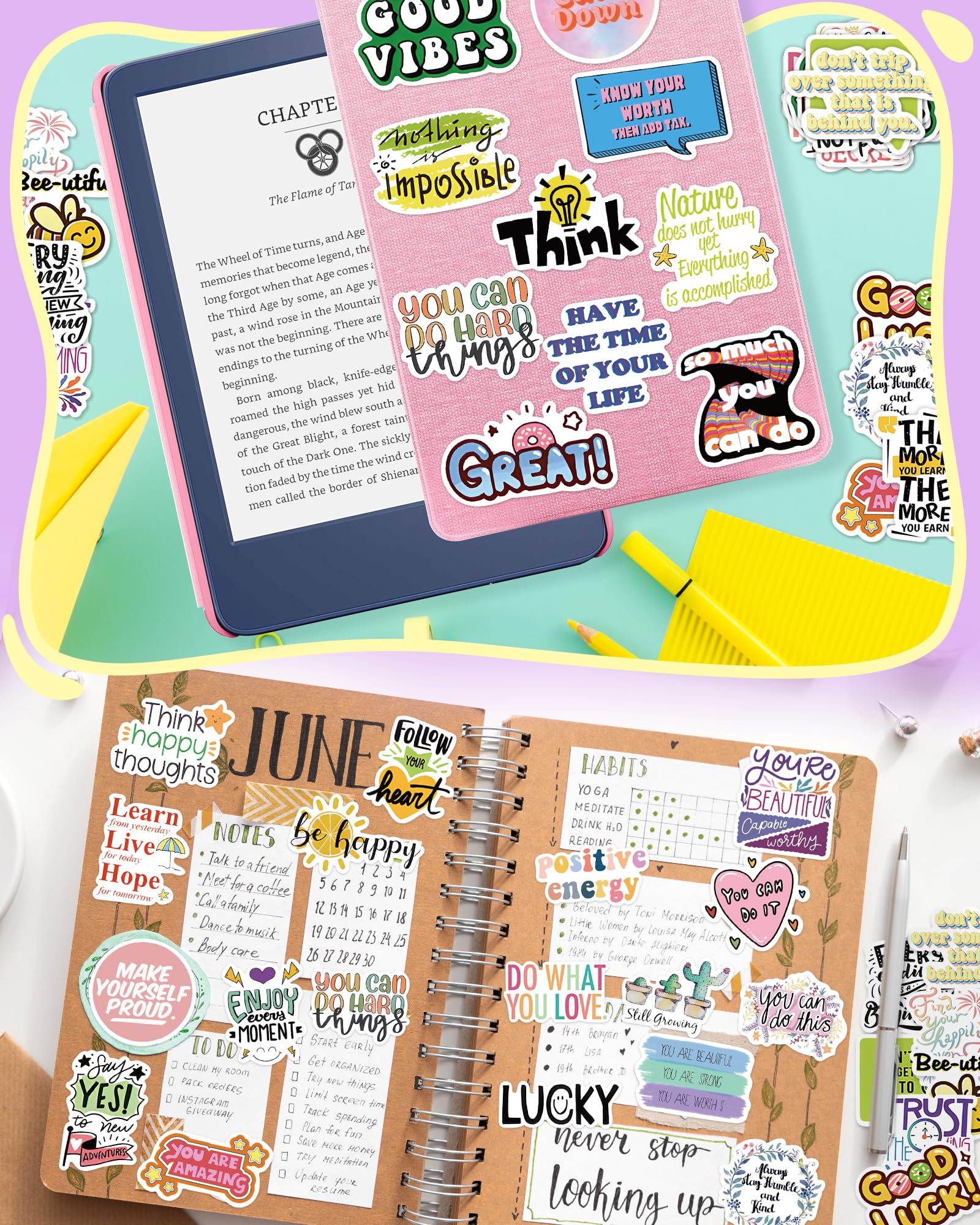 100 Pcs Motivational Stickers for Adults & Kids - Inspirational Water Bottle, Laptop & Vision Board Vinyl Stickers - Positive Affirmation Scrapbook Supplies for Mental Health - Perfect for DIY Journals, Planners & Self-Care Projects