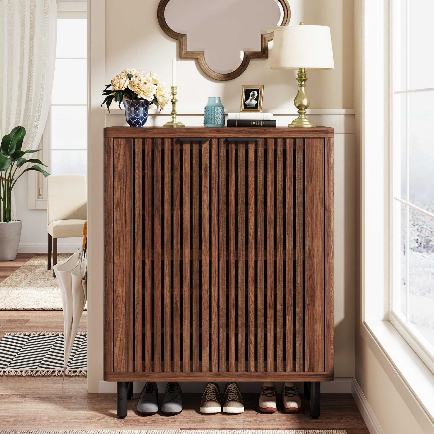 Tribesigns 6-Tier Wooden Shoe Storage Cabinet with Shutter Doors - Adjustable Shelves Freestanding Shoe Organizer for Entryway, Hallway, Closet - Modern Home Organization Solution (Walnut) | Perfect for Small Spaces & Shoe Lovers