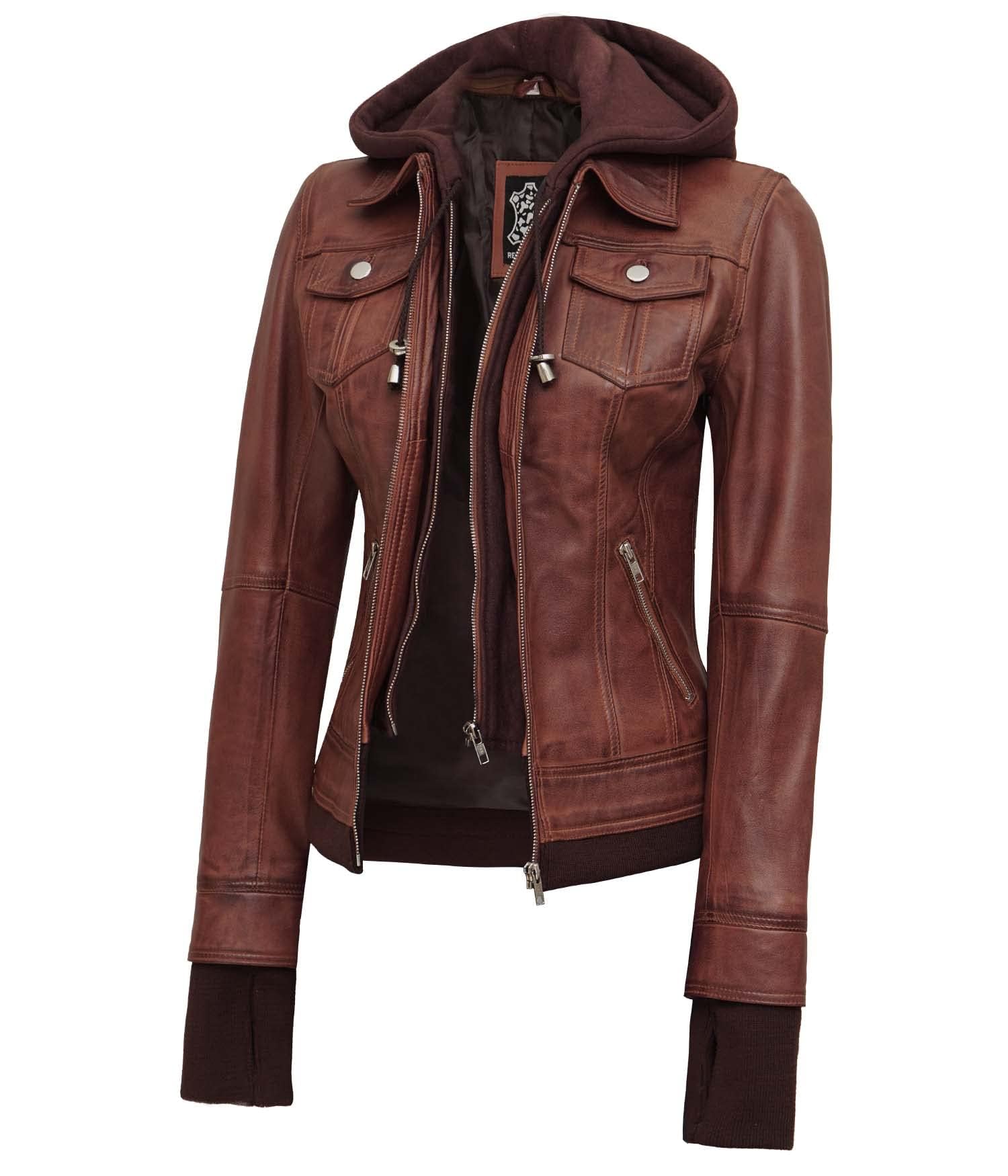 Decrum Women's Real Lambskin Hooded Leather Jacket - Detachable Hood, Soft & Stylish Outerwear for Fall & Winter Fashion | Perfect for Casual Outings, Date Nights & Motorcycle Riding