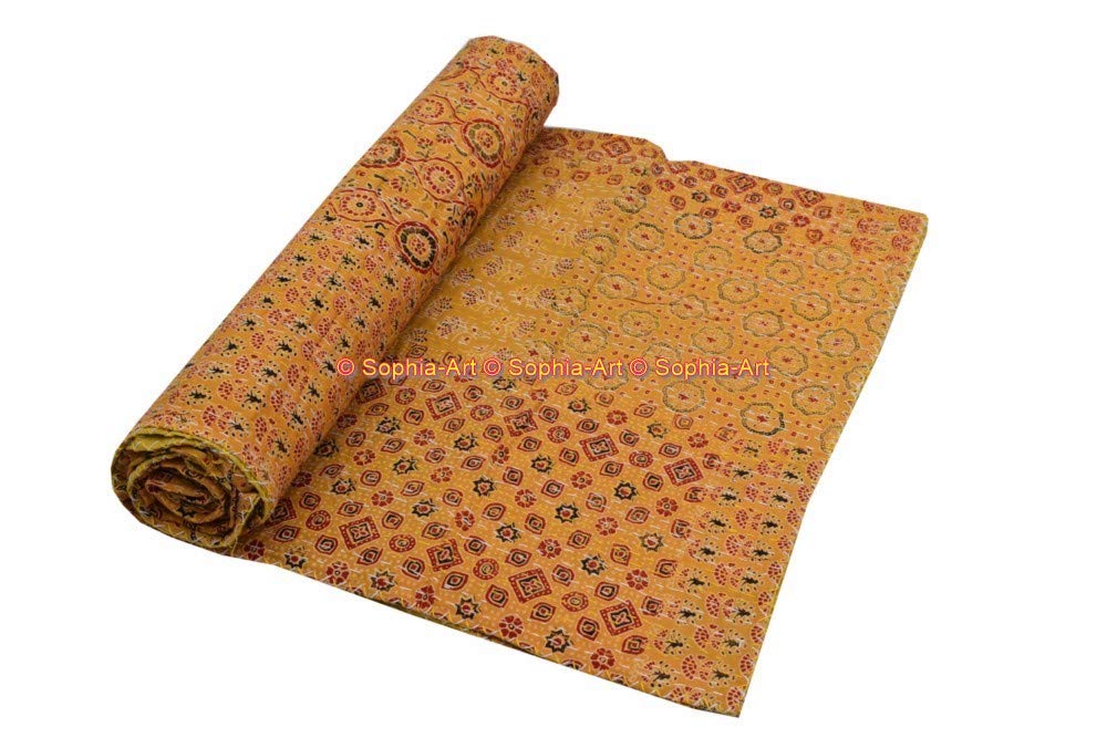 Sophia Art Queen Size Hand Block Print Kantha Quilt 90x108 Inch - Ajrakh Bedspread with Vegetable Dye | Indigo Print Cotton Blanket (Yellow Patch) for Bedroom Decor, Boho Chic Home, Guest Room & Cozy Throw