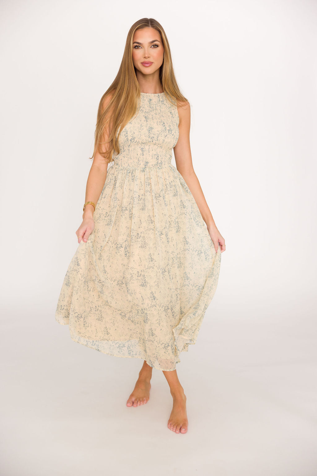 Alaina Floral Print Smocked Midi Dress - Blue Multi Color Summer Dress for Women | Perfect for Beach Vacations, Garden Parties & Casual Outings
