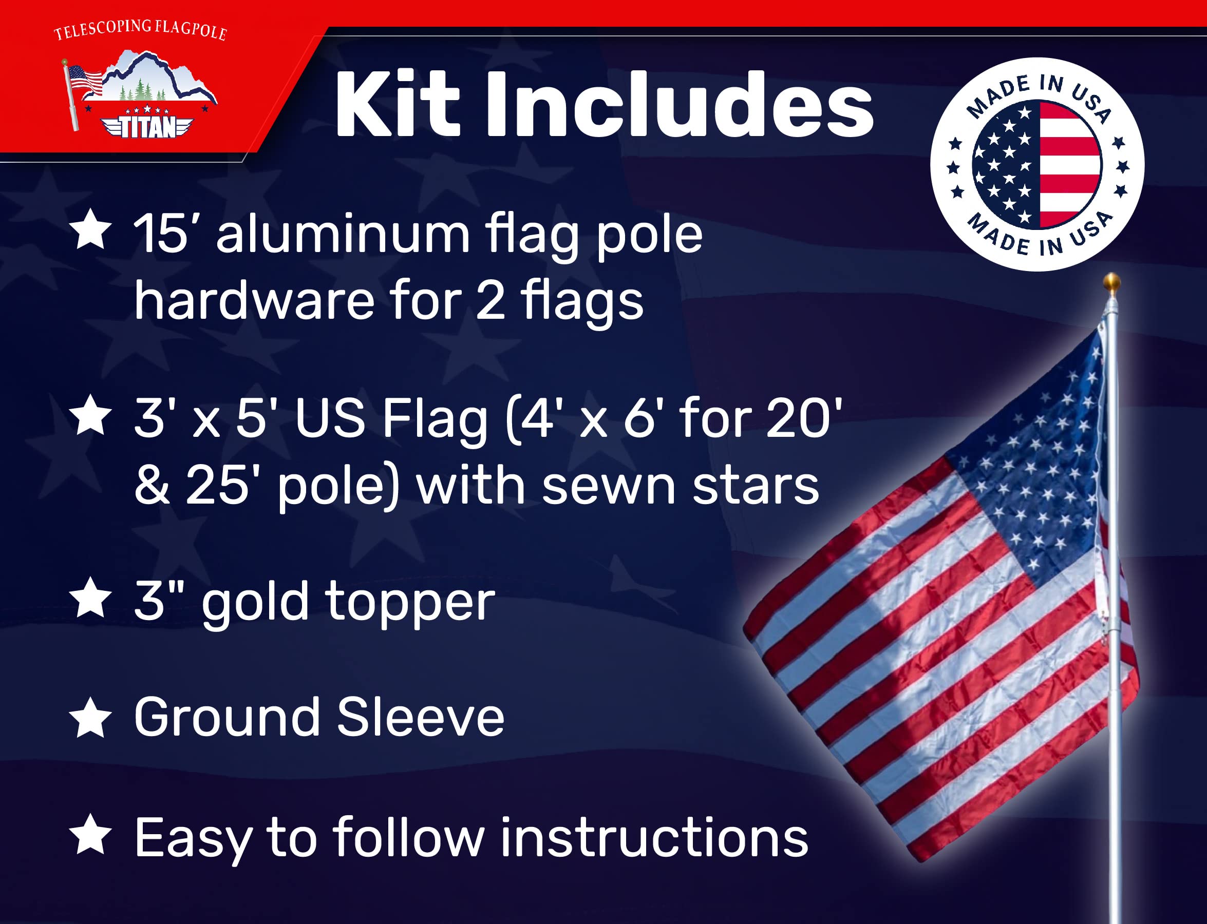 15ft Heavy Duty Telescoping Flag Pole Kit - Anodized Aluminum Silver Flagpole Made in USA with 3x5 American Flag & Dual Flag Hardware | Perfect for Residential, Commercial & Patriotic Events