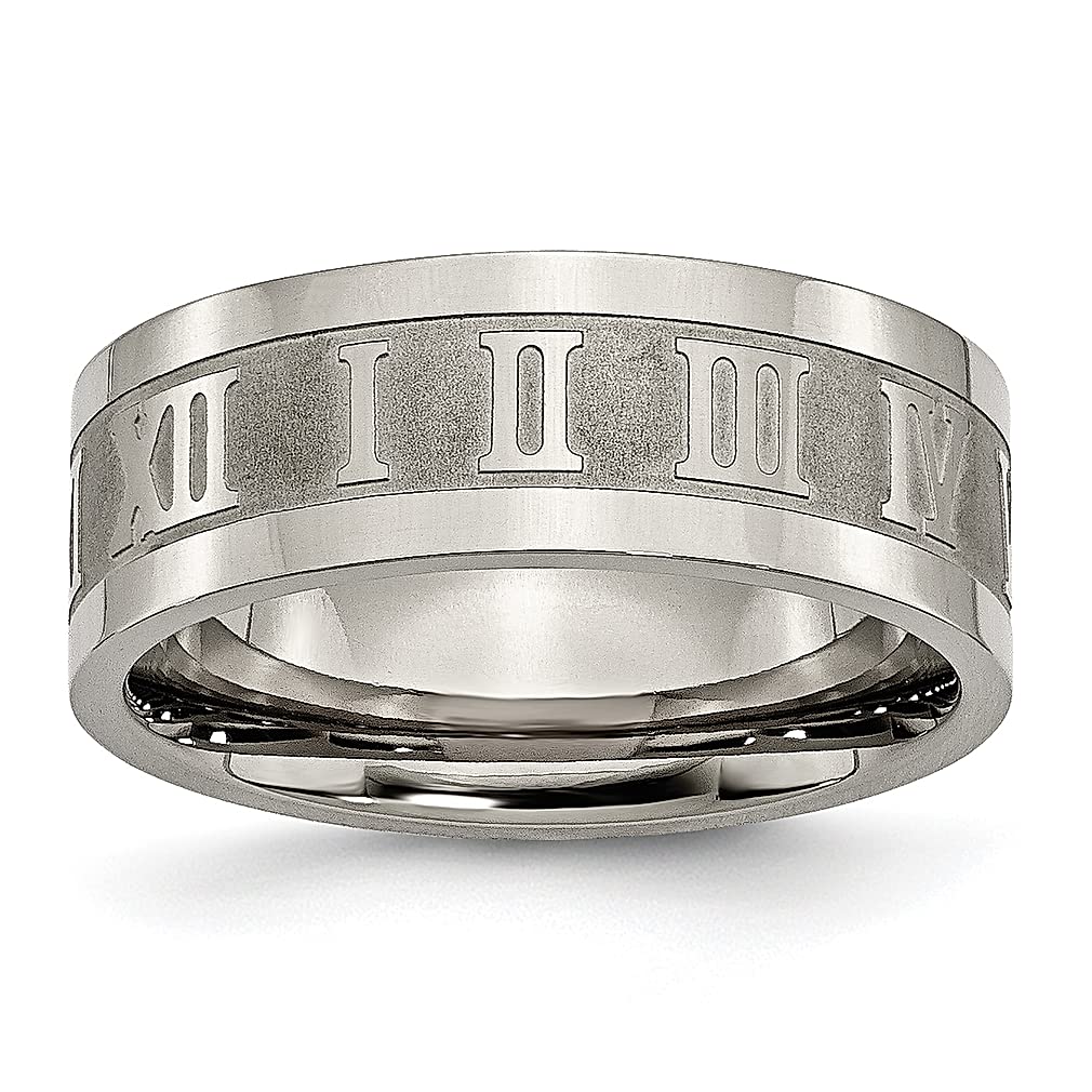 ICE CARATS Titanium 8mm Roman Numerals Flat Wedding Band for Women - Elegant & Durable Fashion Jewelry, Perfect for Anniversaries, Engagements & Special Occasions