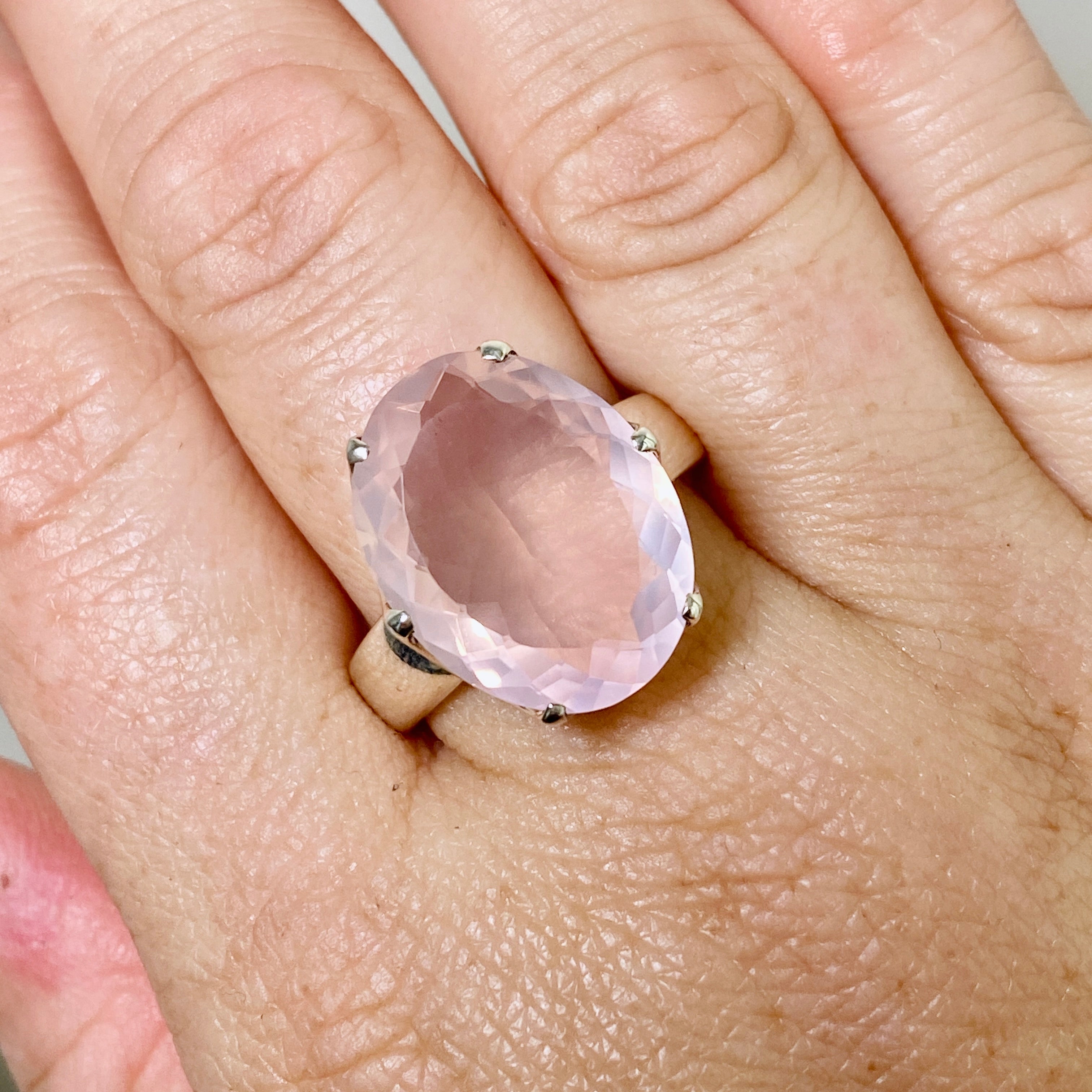 Rose Quartz Oval Faceted Ring Size 12 - Elegant Healing Crystal Jewelry for Women, Perfect for Meditation, Yoga & Spiritual Gifts (PRGJ876)