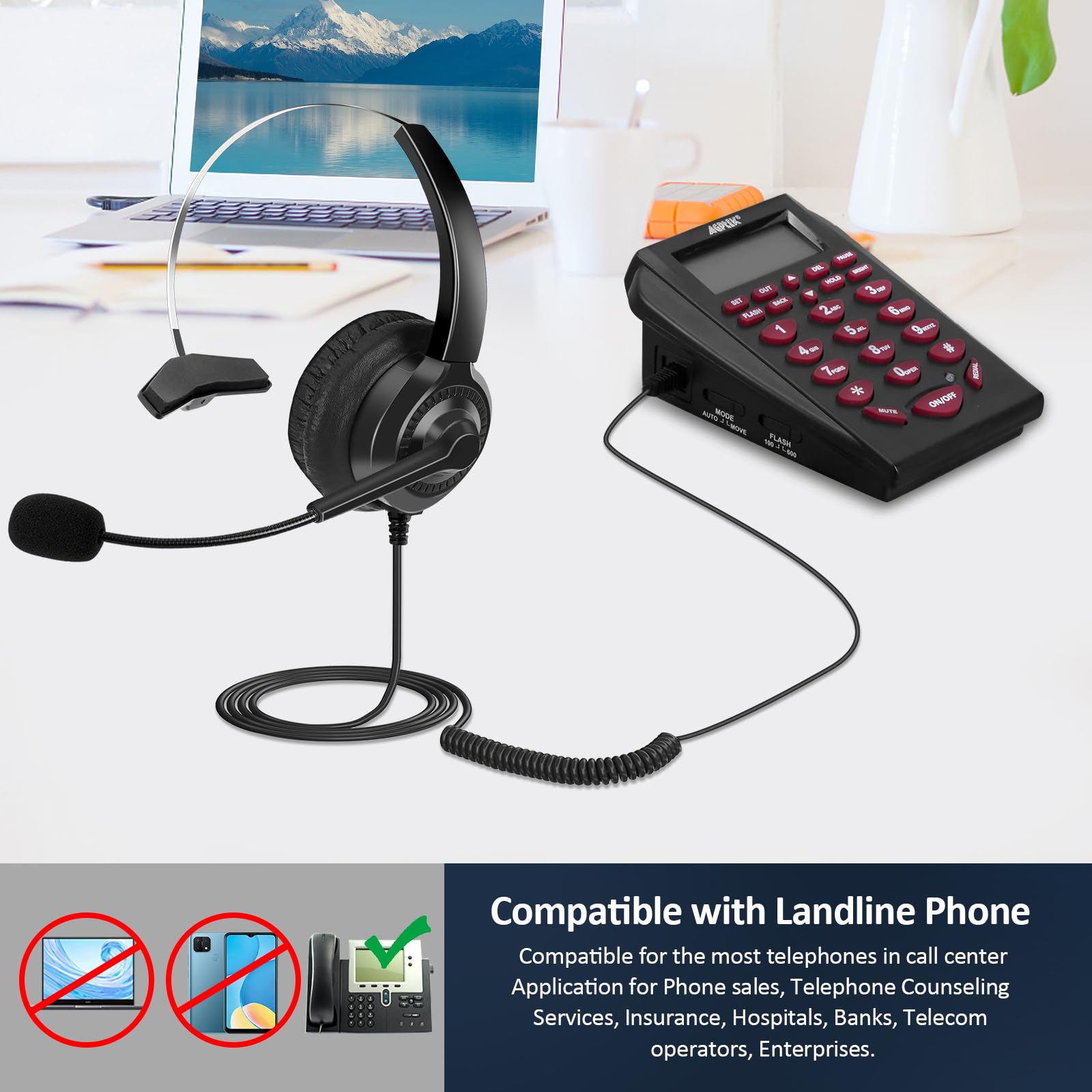 AGPtEK Corded Telephone with Headset & Dialpad for Home, Call Center & Office - Noise Cancelling Phone for Clear Calls | Ideal for Business, Customer Service & Remote Work