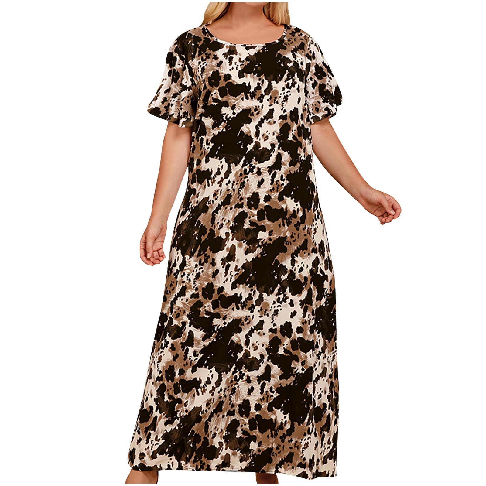 Ylioge Women's Leopard Print Maxi Dress - Plus Size Summer Short Sleeve Crew Neck Casual Boho Chic Flowy Dress | Lightweight Breathable Beach Vacation Dress for Poolside Lounging, Beach Cover-ups, Summer Weddings, Music Festivals, Cocktail Parties & Date Nights | Perfect for Tropical Getaways, Outdoor Concerts, Brunch Dates and Resort Wear