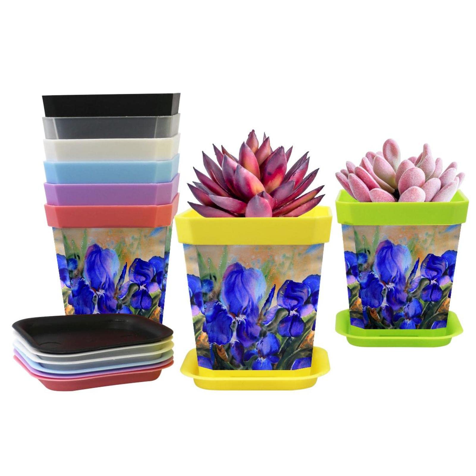 8-Pack Colorful Watercolor Flower Pots with Drainage Trays - Decorative Planters for Indoor Houseplants, Succulents, Herbs | Perfect for Home, Office, and Garden Decor