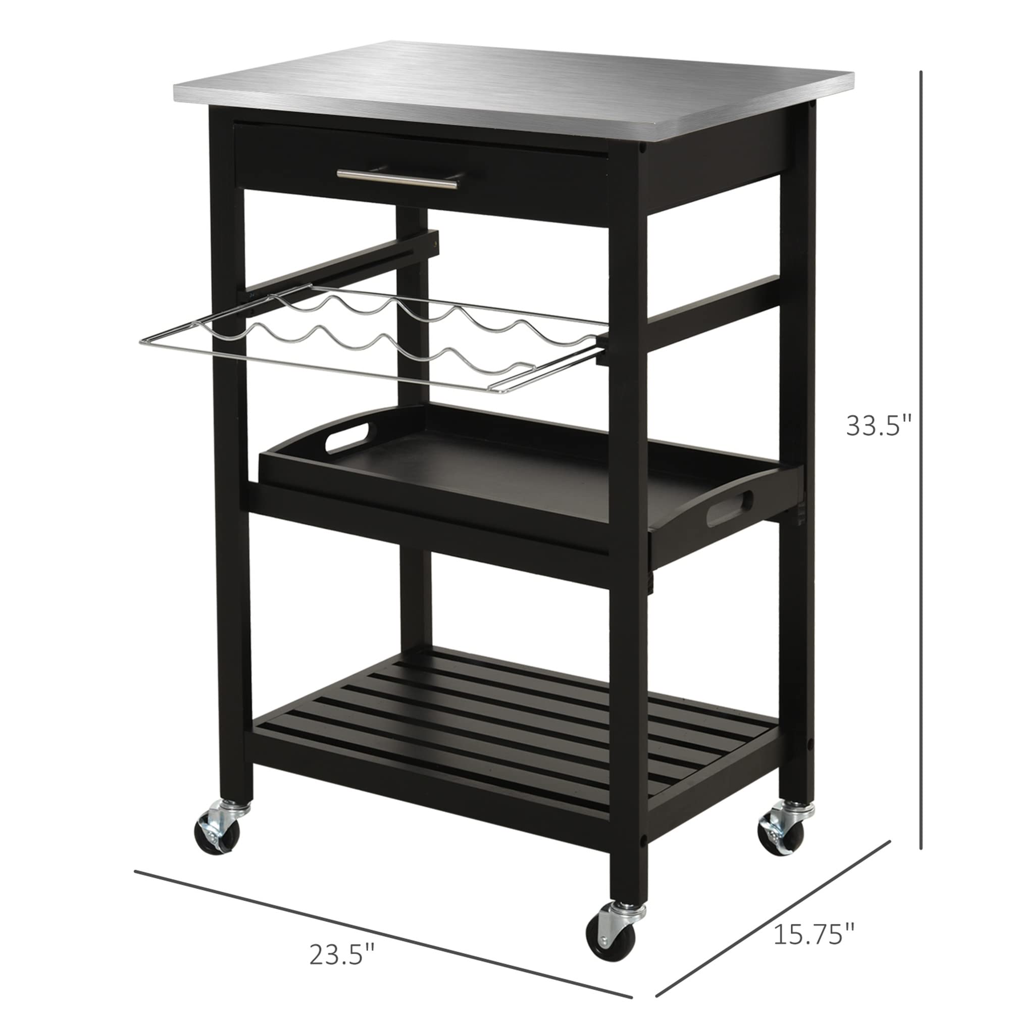 HOMCOM Kitchen Island Cart with Stainless Steel Tabletop, Wine Rack & Drawer - Rolling Utility Serving Trolley for Kitchen, Dining Room & Bar Use