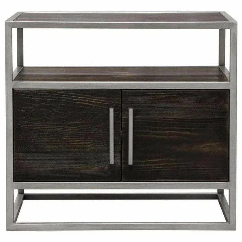 Dark Brown 2-Door End Table with Silver Metal Frame - Perfect for Living Room, Bedroom, or Office Side Table