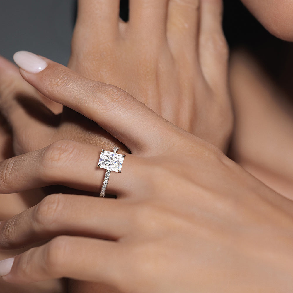 Stunning Radiant Cut Moissanite Engagement Ring with Eternity Pave Band - Perfect for Proposals, Anniversaries & Special Occasions