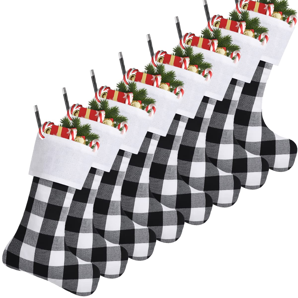 8 Pack Christmas Stockings - 18 Inch Buffalo Plaid Personalized Stockings for Family Holiday Decor | White Cuff Black & White Plaid Stocking Set | Perfect for Xmas Party, Fireplace Mantel & Gift Exchange