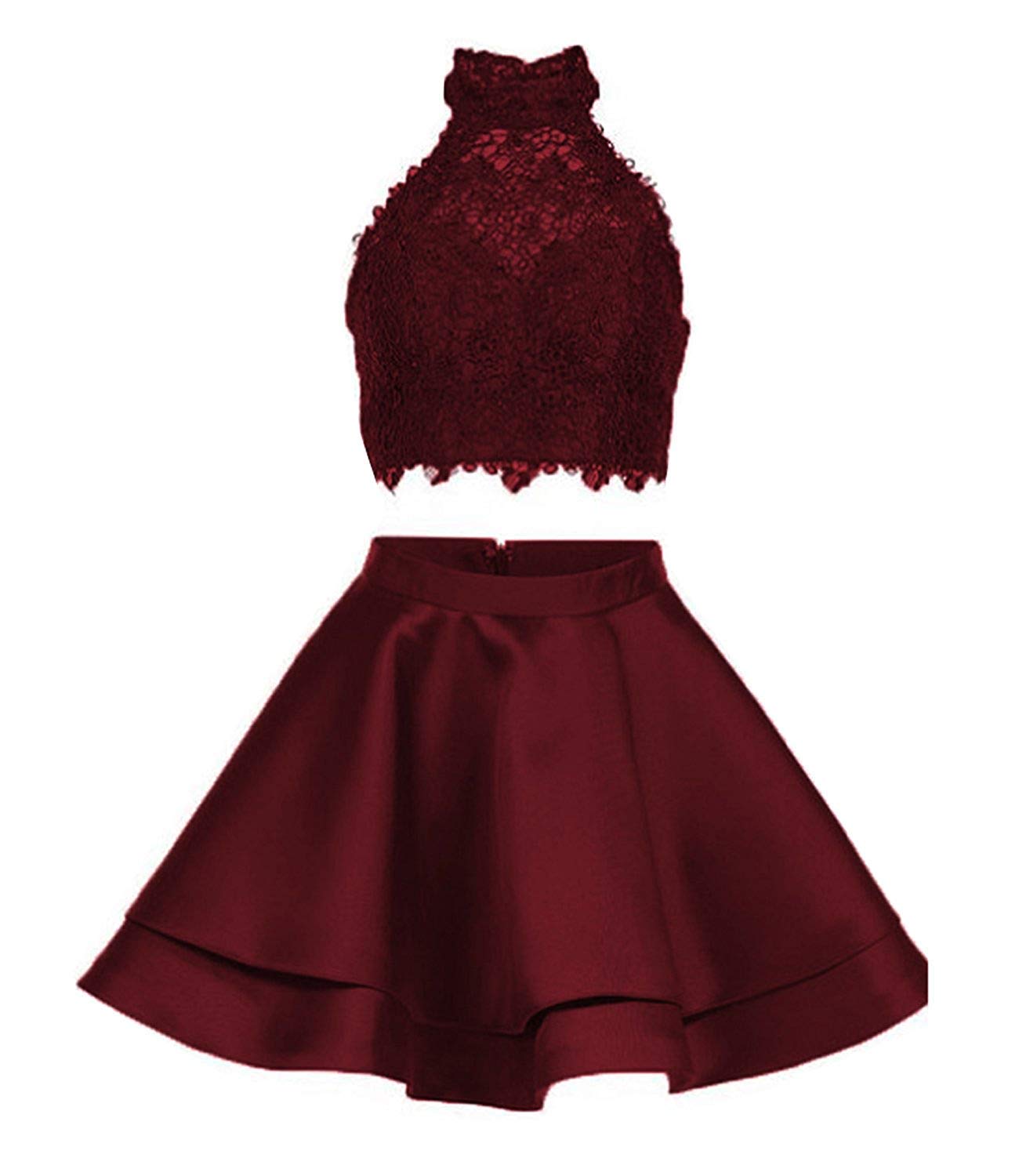 Honeydress Women's Burgundy Halter Lace Crop Top Two Piece Set | Homecoming Dress, Short Prom Party Outfit for Girls | Perfect for Dances, Date Nights & Special Occasions