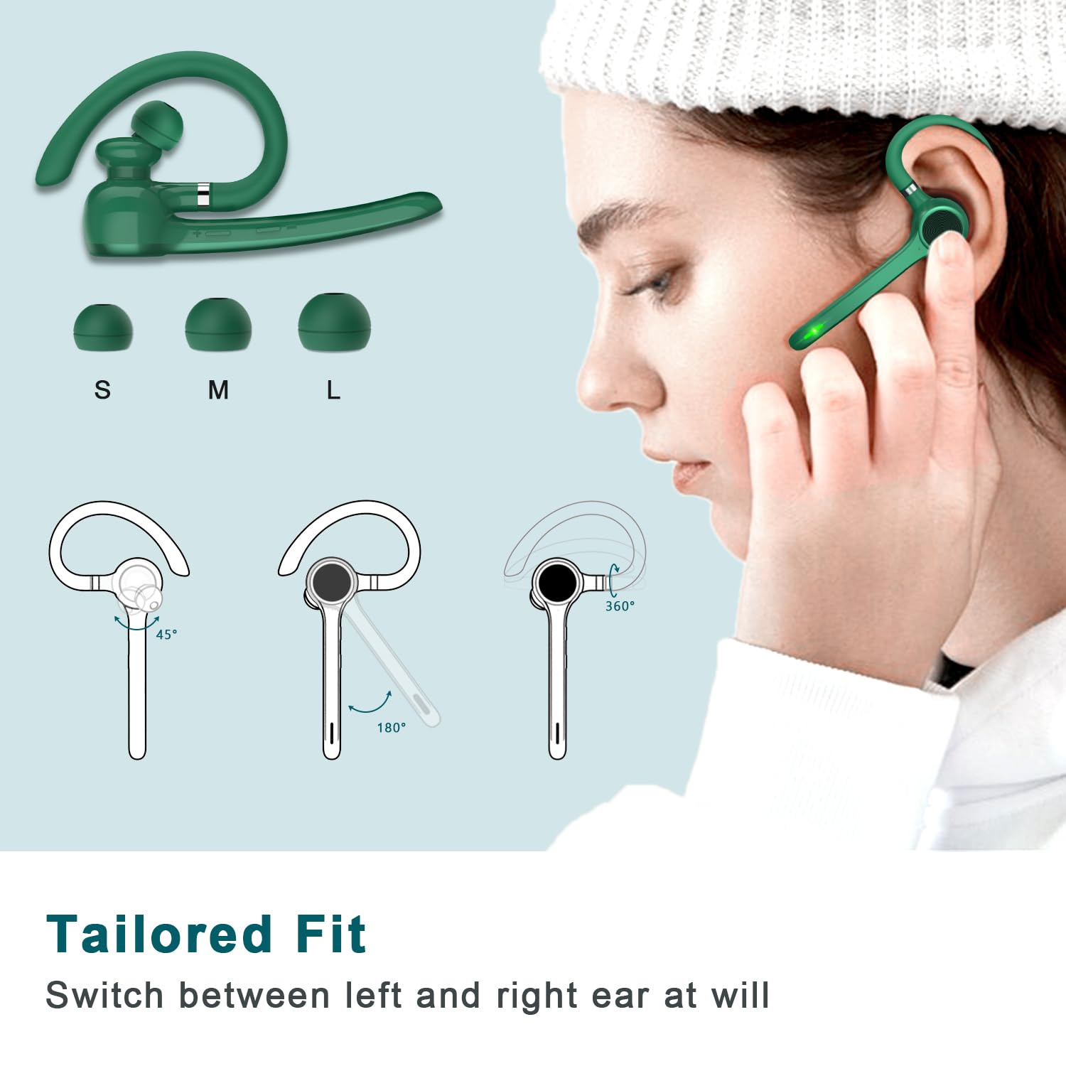 Wireless Bluetooth Headset with 500mAh Charging Case - 72H Talk Time, Built-in Mic for iPhone Android - Hands-Free Earpiece for Truck Drivers, Office Work, Commuting & Online Meetings (Green)