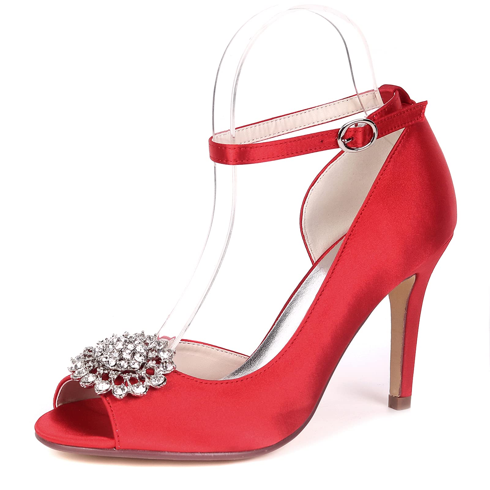 PALHERU Women's Satin Peep Toe High Heel Sandals - Rhinestone Bridal & Bridesmaid Shoes with Ankle Strap Buckle for Wedding, Evening Party & Special Occasions