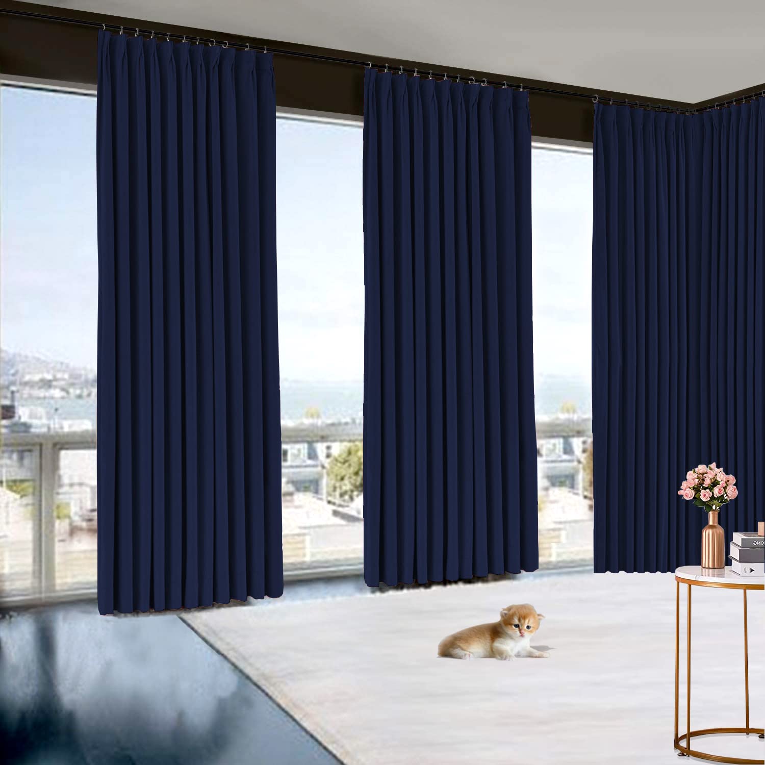 Blackout Curtains for Small Windows & Doors - 100% Polyester Room Darkening Pinch Pleat Drapes with Rings (Navy Blue, 30