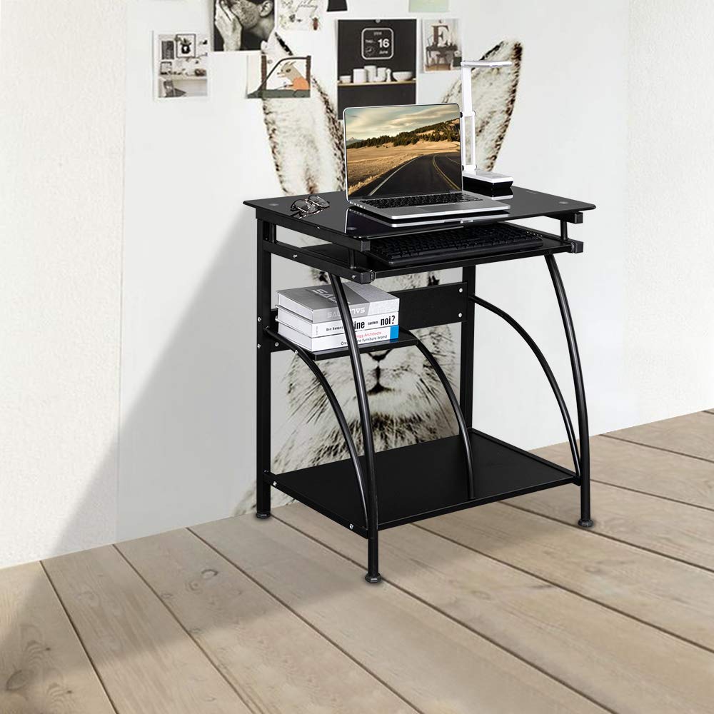FCH Small Computer Desk with Keyboard Tray & Storage Shelves - Sturdy Steel Metal Standing Desk with Tempered Glass Top for Home Office, Gaming Setup & Workspace - Black Modern Workstation for Small Spaces