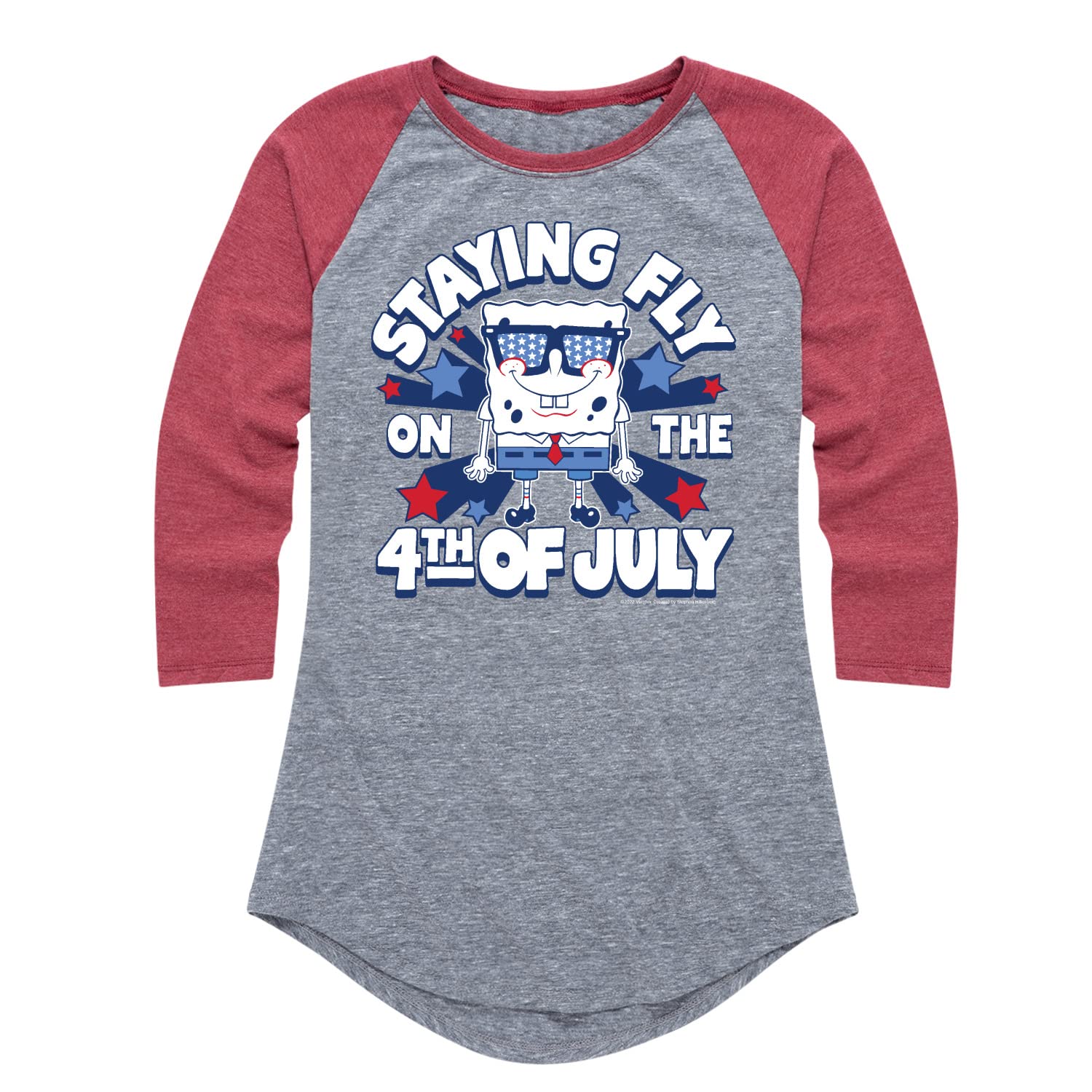 Spongebob Squarepants Fly on The 4th of July Women's Raglan Graphic T-Shirt | Soft Cotton Blend | Casual & Patriotic Style | Perfect for Summer BBQs, Fireworks & Independence Day Celebrations