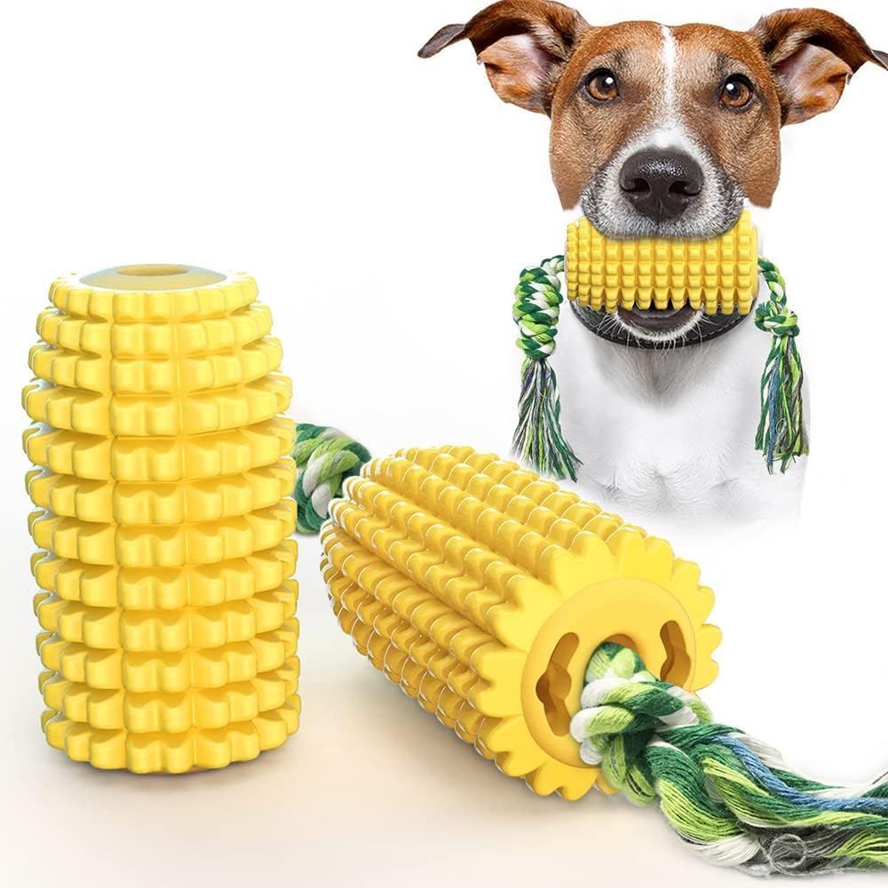 Durable Dog Chew Toys for Aggressive Chewers - Interactive Corn Shaped Puppy Toys with Squeaker & Non-Squeak Options, Teeth Cleaning Toothbrush Design - Best for Medium & Large Dogs - Perfect for Boredom Relief, Dental Health & Playtime Fun