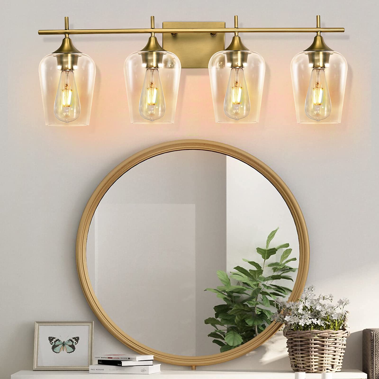4-Light Bathroom Vanity Light Fixture - Bronze Brass Wall Sconce with Glass Shade - Over Mirror Lighting for Bathroom, Living Room, Bedroom & Dressing Area - Perfect for Modern Home Decor & Vanity Makeup Lighting