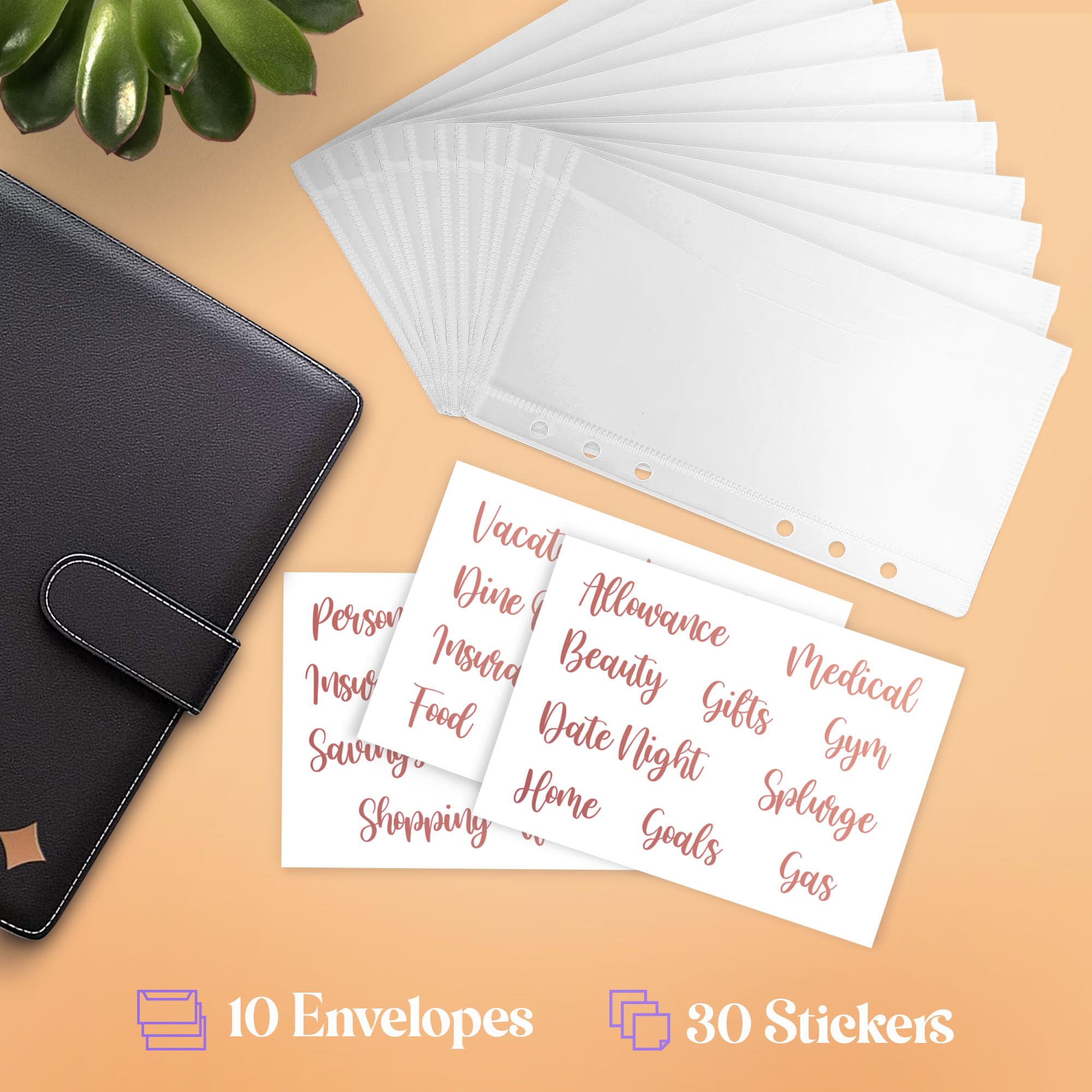 SOUL MAMA A6 Budget Binder - 10 Pcs Flapper Envelopes with Stickers, Clear 6-Ring Binder Pockets for Cash Stuffing, Waterproof Money Organizer - Perfect for Envelope Budgeting, Savings Challenges & Bill Payment Organization