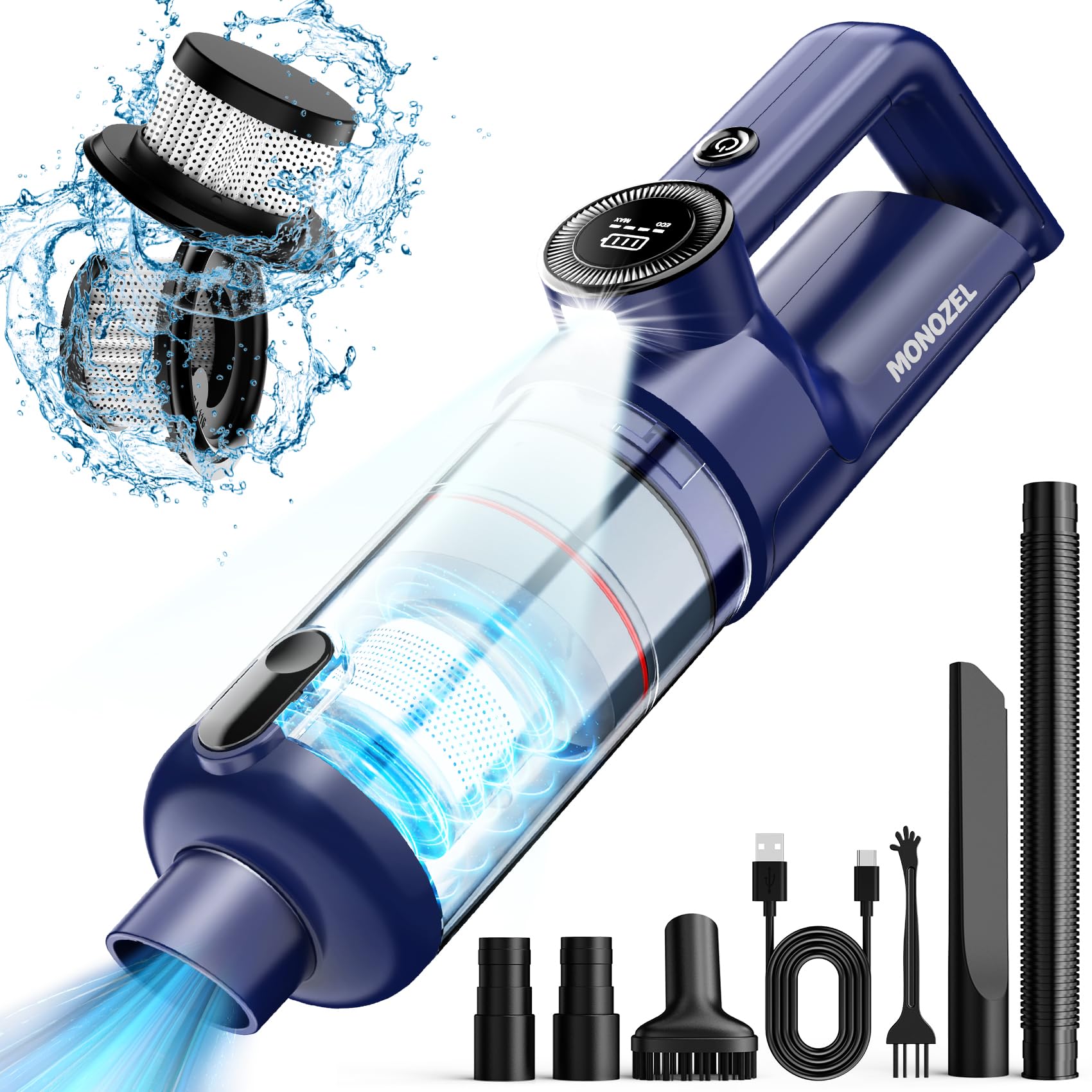Cordless Handheld Vacuum Cleaner - 15000Pa Strong Suction with Brushless Motor, LED Light & Type-C Charging | Portable Car Vacuum with 2 Filters for Pet Hair, Home & Auto Cleaning | Ideal for Cars, Sofas, Stairs and Hard-to-Reach Areas
