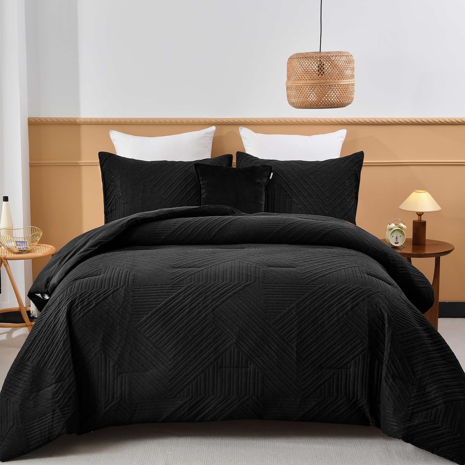 WONGS BEDDING Black Comforter Set Queen Size (90×90 Inches) - 3 Piece Reversible Soft Microfiber Boho Geometric Textured Bedding with 2 Pillowcases | Ultrasonic Quilted Design for Cozy Bedroom Decor & Guest Room Essentials