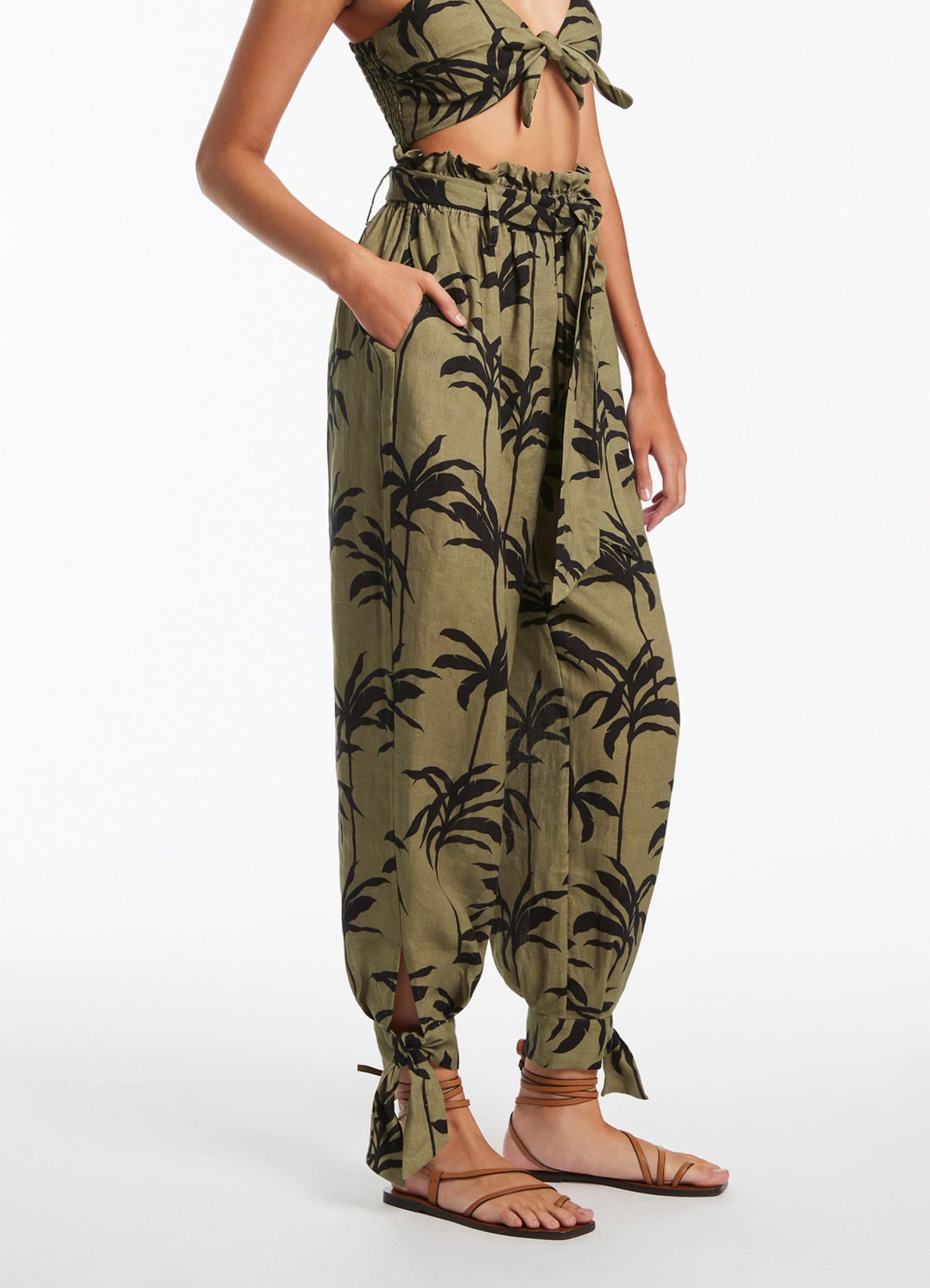Premium Olive Green Tie Cuff Pants for Women - Comfortable High-Waisted Wide Leg Trousers - Perfect for Office Wear, Business Casual & Evening Outfits