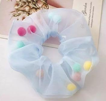 Honbon Soft, Light & Non-Slip Chiffon Scrunchies with Mesh Pom Pom Balls - 12 Pack Colorful Hair Ties for Women & Girls (Thin/Thick Hair) - Perfect for School, Work, Parties & Everyday Styling