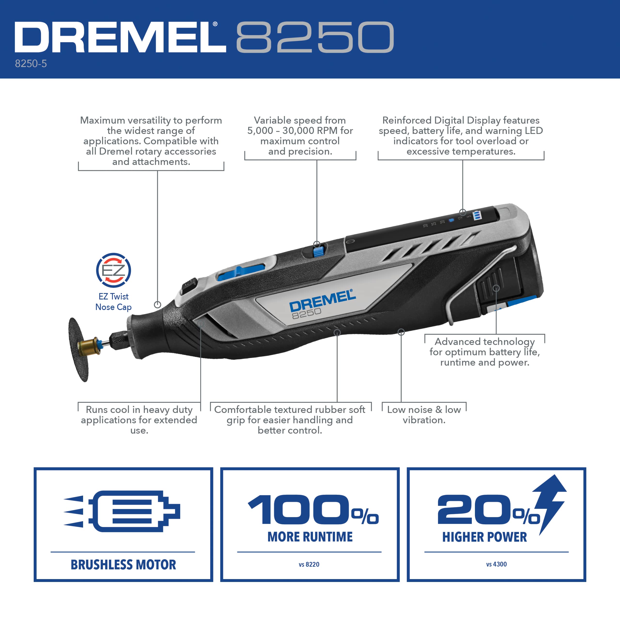 Dremel 8250 12V Cordless Rotary Tool with Brushless Motor - Variable Speed, 5 Accessories, 3Ah Battery & Charger Included - Perfect for DIY Projects, Woodworking, Metal Engraving & Crafting