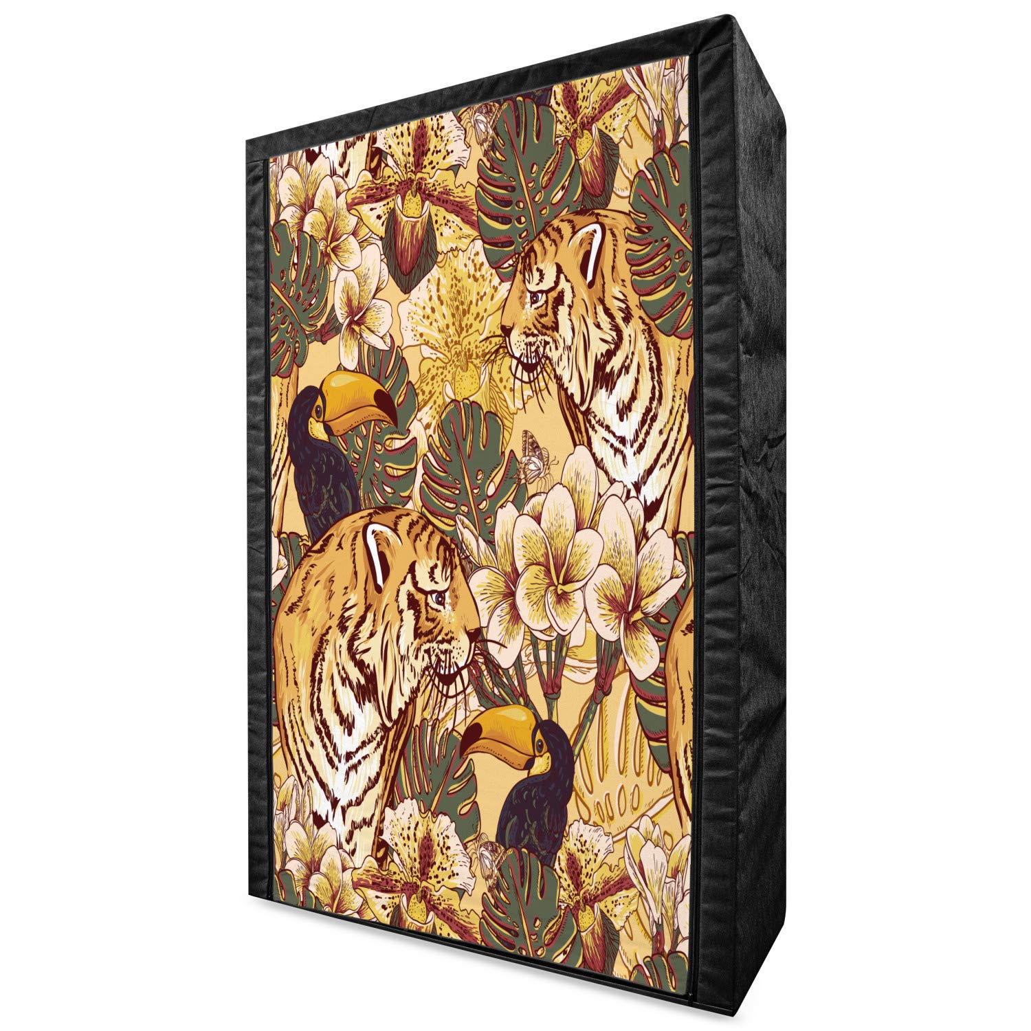 Ambesonne Tiger Portable Fabric Wardrobe with Shelves | 42.5 Inch Closet Organizer for Clothes Storage | Tropical Bengal Tiger & Toucan Nature Design in Earth Yellow & Dark Blue | Perfect for Bedroom, Dorm, or Travel Use