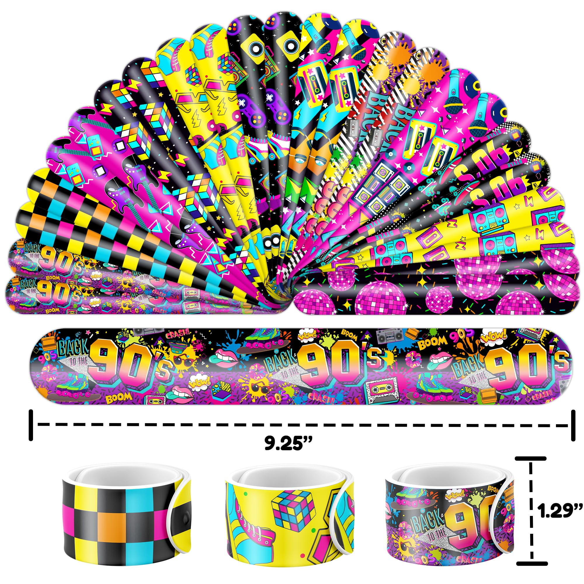 48PCS 90s & 80s Party Favors - 24PCS Temporary Tattoos & 24PCS Slap Bracelets, Retro 90s Birthday Party Supplies Decorations for Kids, Classroom Prizes & Rewards for Boys & Girls - Perfect for 90s Theme Parties, School Events & Birthday Gifts