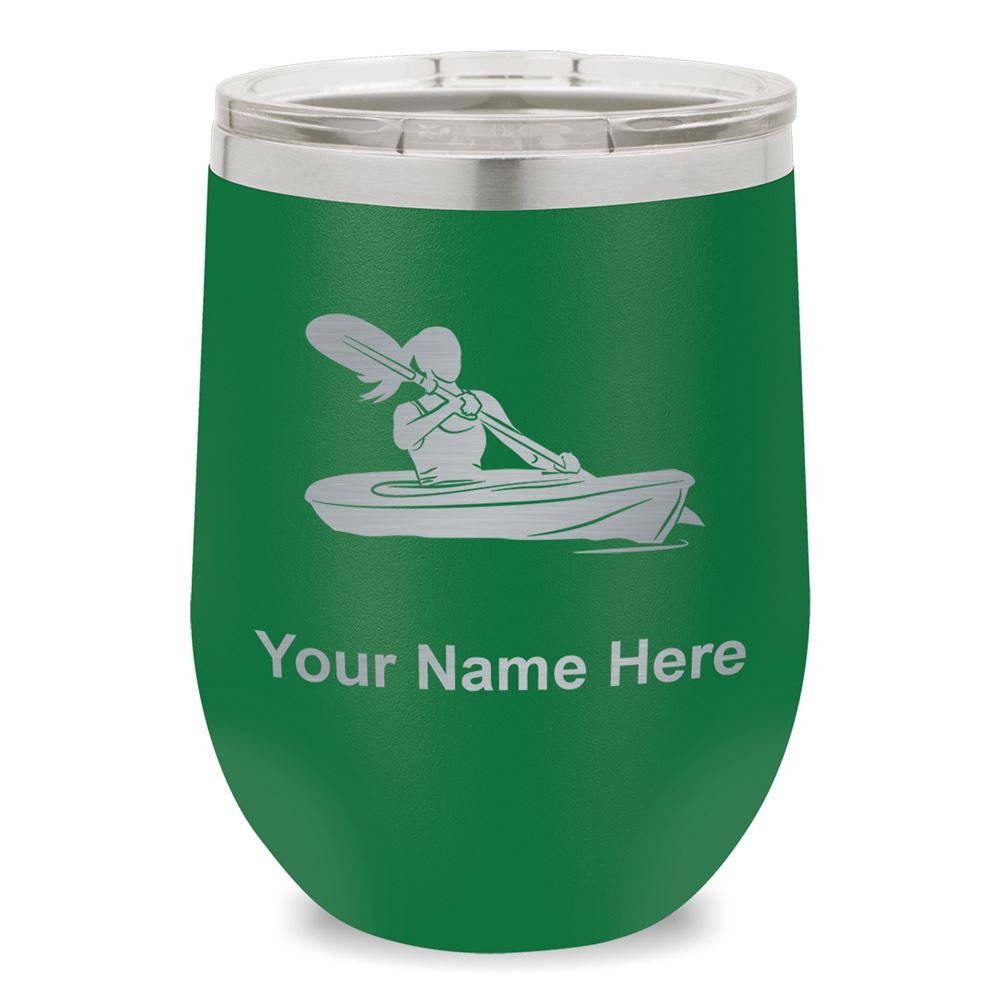 Personalized Engraved Wine Glass Tumbler for Women - Kayak Themed Gift Idea - Perfect for Outdoor Adventures, Camping & Girls' Night Out (Green)